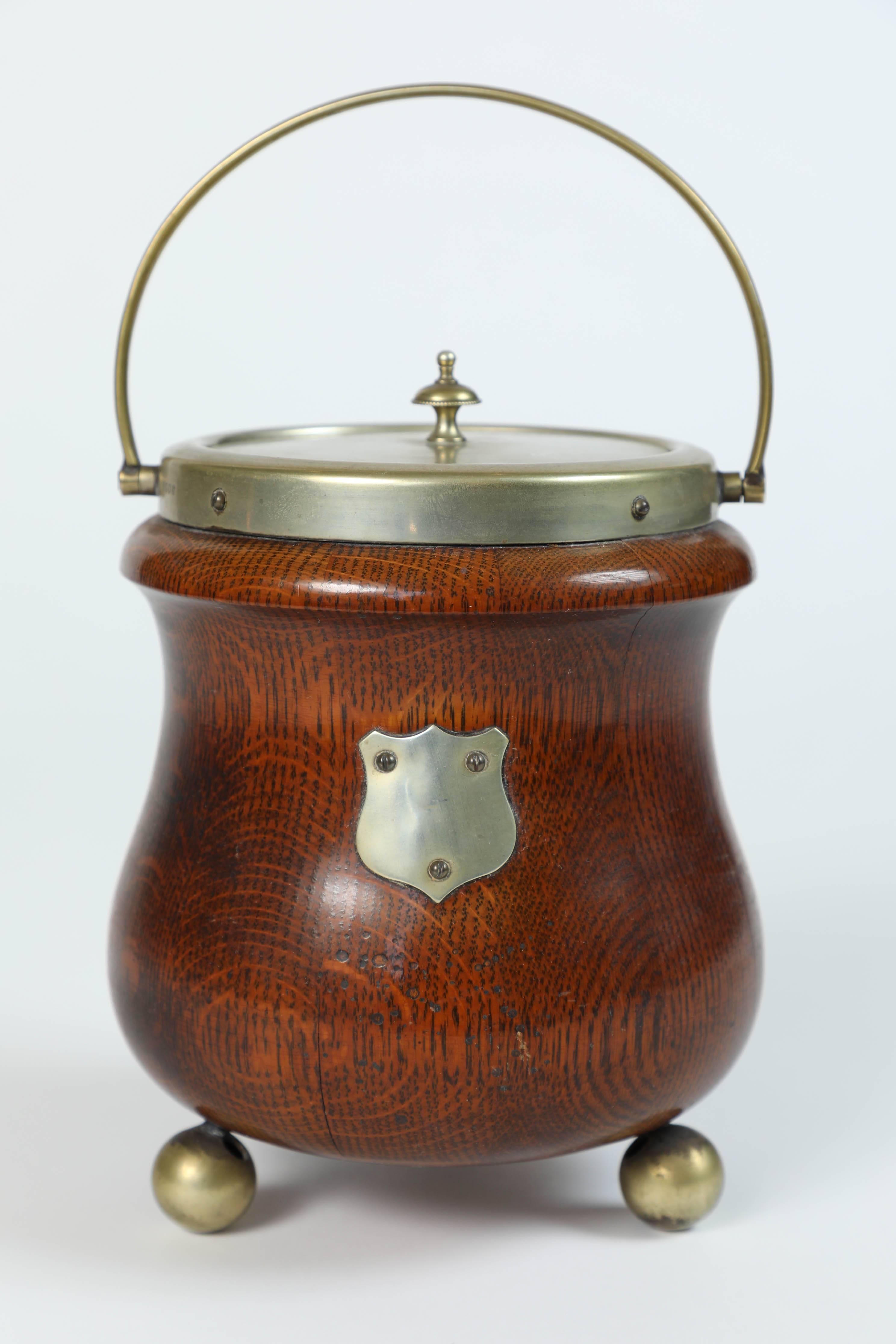 Vintage English Wood Biscuit Barrel with Nickel Silver Top and Feet and Porcelain Interior