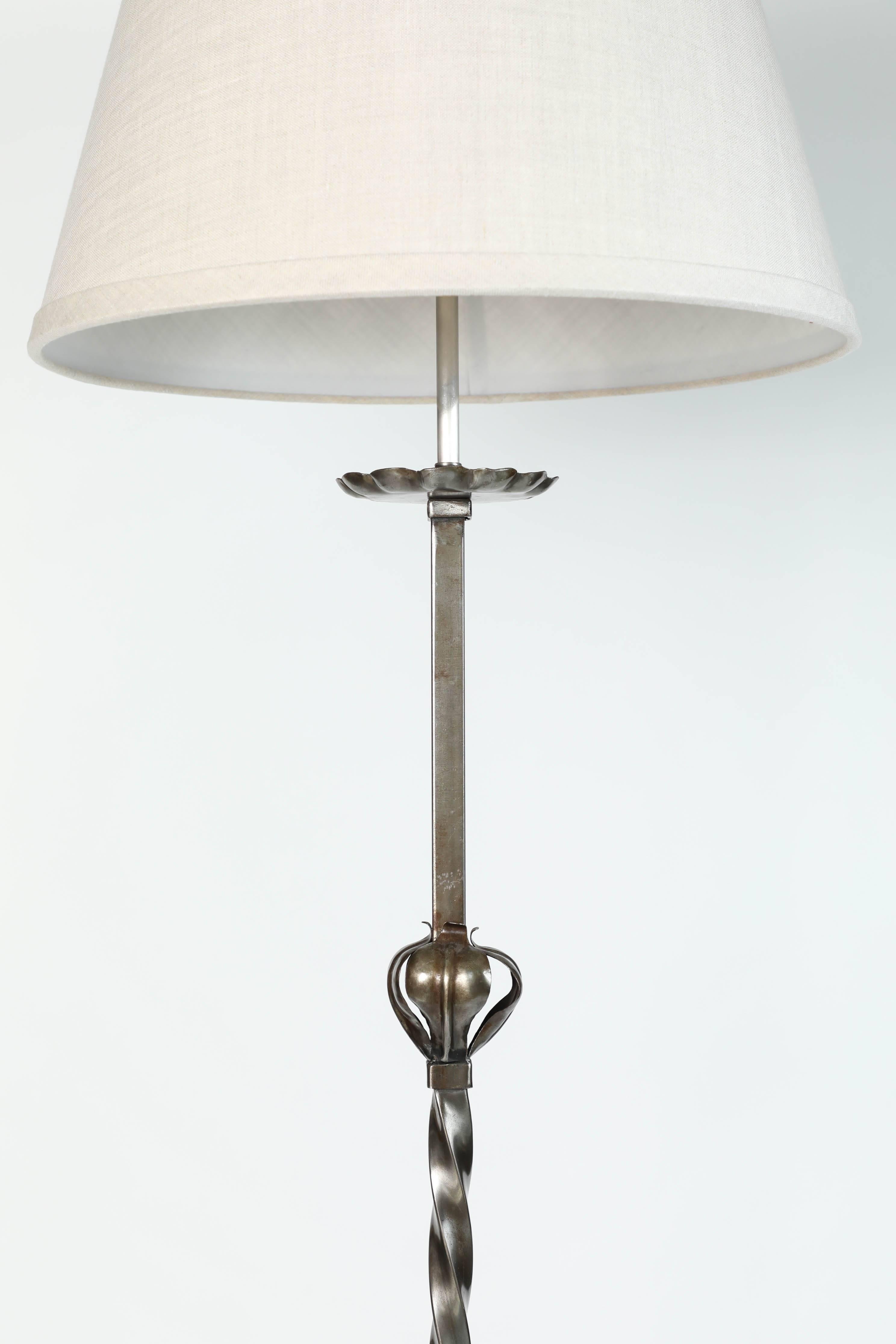 20th Century Vintage French Iron Floor Lamp with Aged Silver Finish