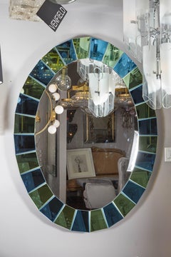 Oval Mirror in Blue and Green Tinted Mirror Border