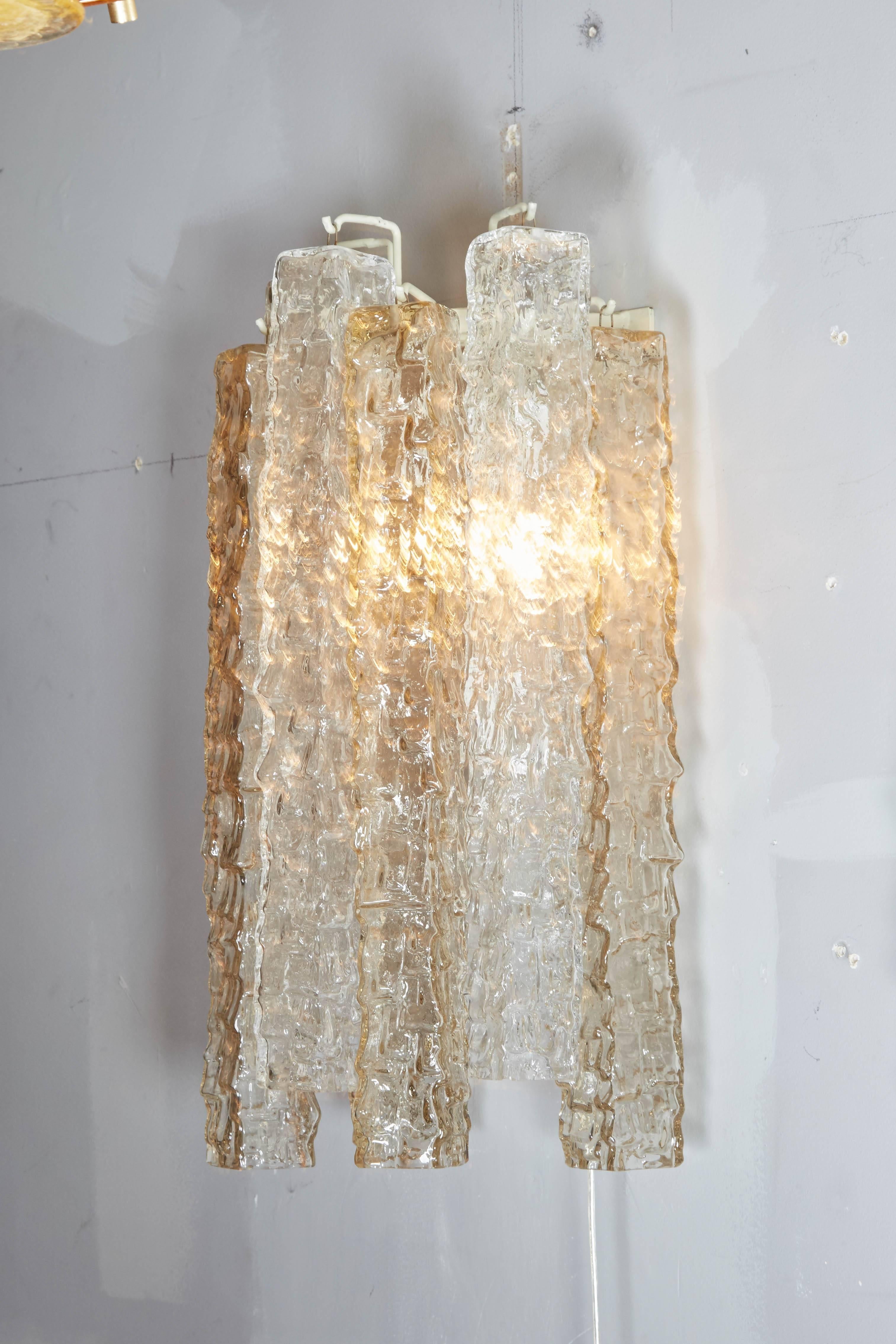 Pair of Venini smoke and clear rectangular glass sconces.