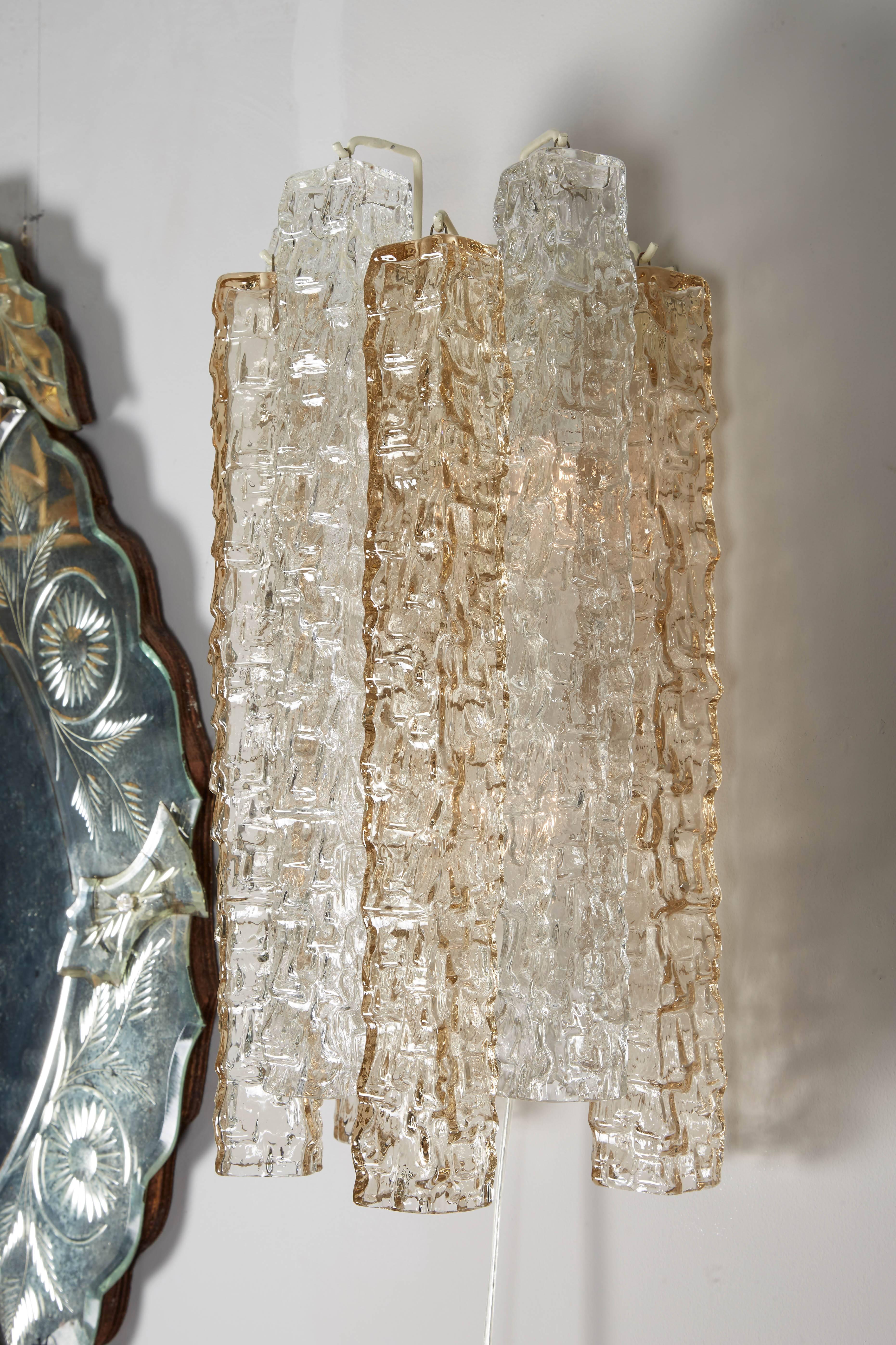 Murano Glass Pair of Venini Smoke and Clear Rectangular Glass Sconces