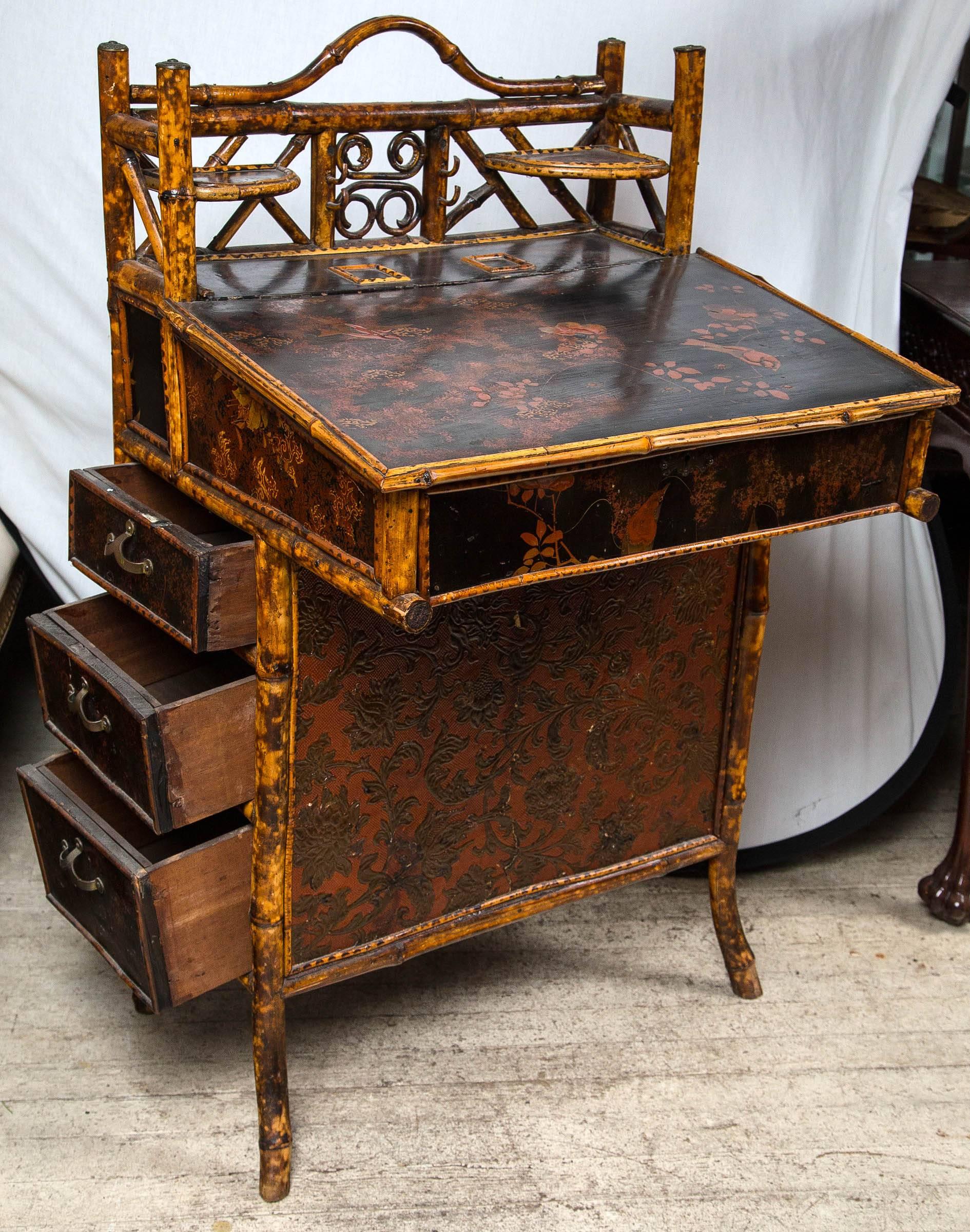 European  Bamboo and  Painted Lacquer Slant Top Desk For Sale