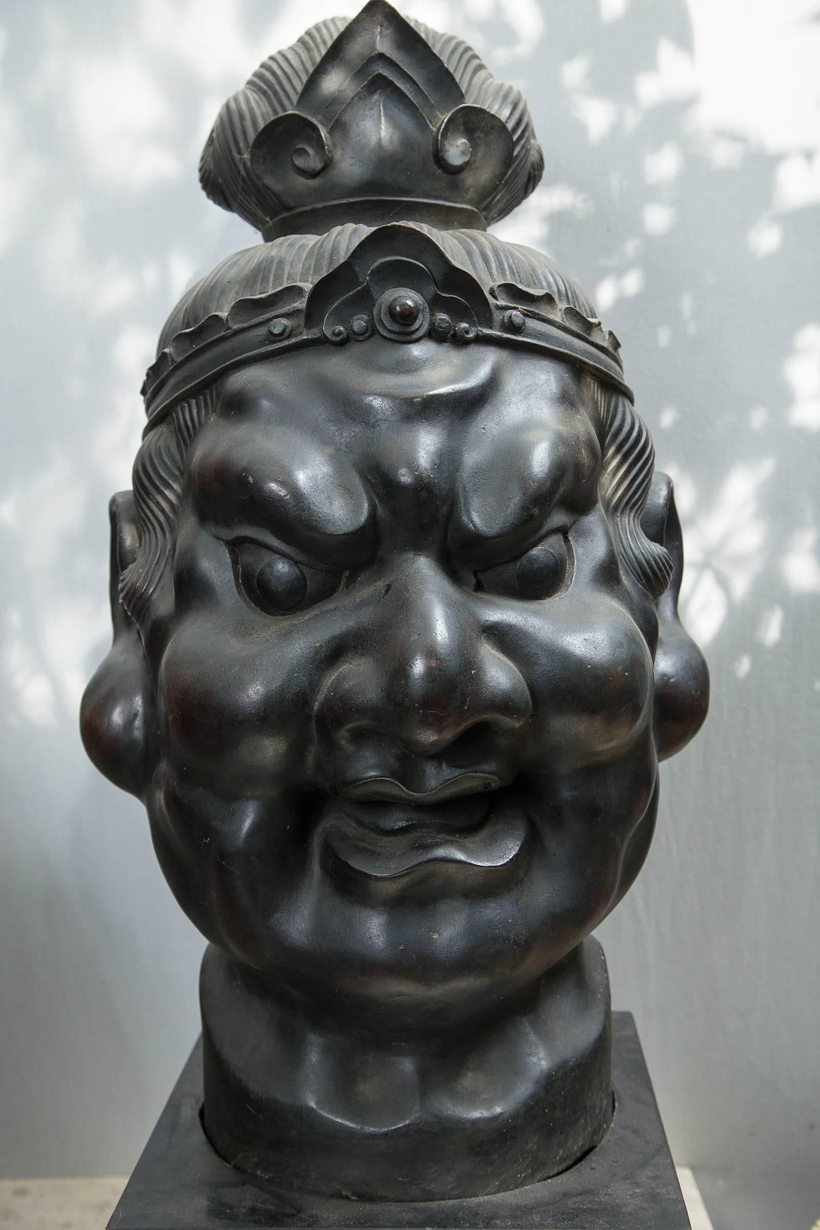 Cast 20th Century Japanese Bronze Head of a Deity For Sale