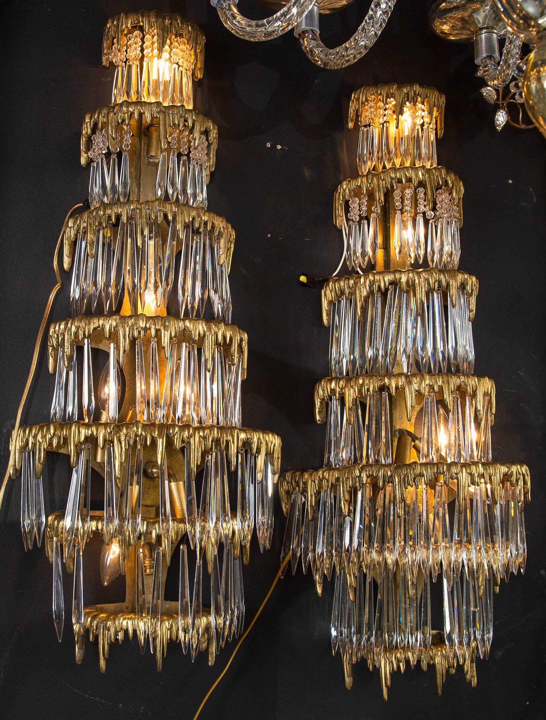 Pair of Large circa 1920 Caldwell Gilt Bronze Sconces with Crystal Hanging In Excellent Condition For Sale In Stamford, CT