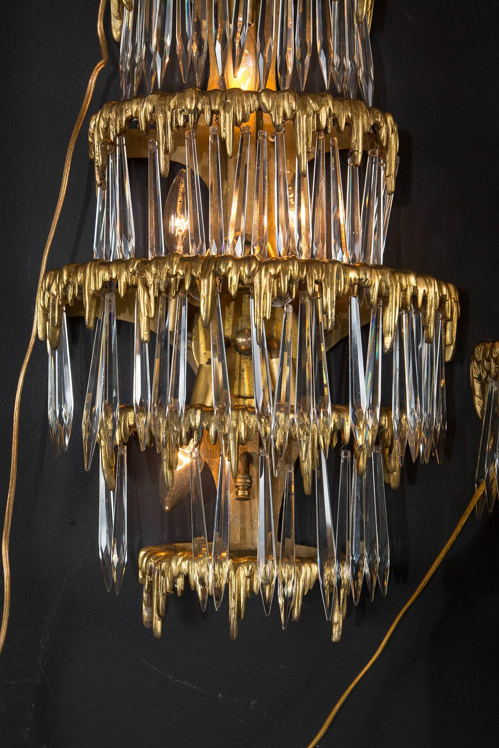 Early 20th Century Pair of Large circa 1920 Caldwell Gilt Bronze Sconces with Crystal Hanging For Sale