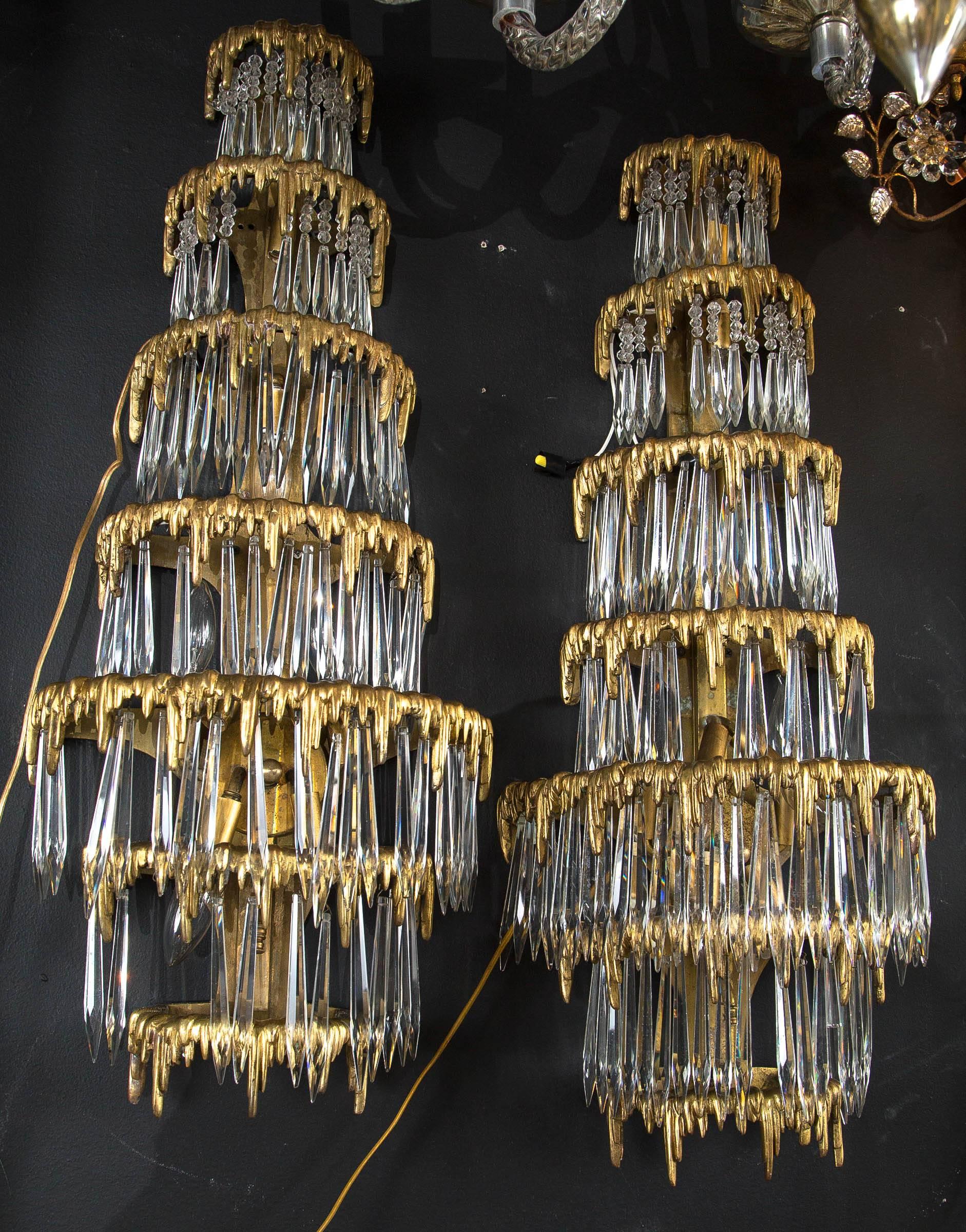 Pair of Large circa 1920 Caldwell Gilt Bronze Sconces with Crystal Hanging For Sale 3