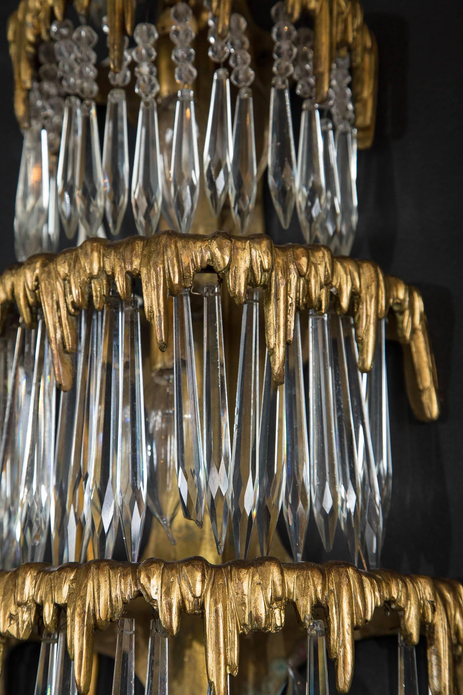 Pair of Large circa 1920 Caldwell Gilt Bronze Sconces with Crystal Hanging For Sale 4
