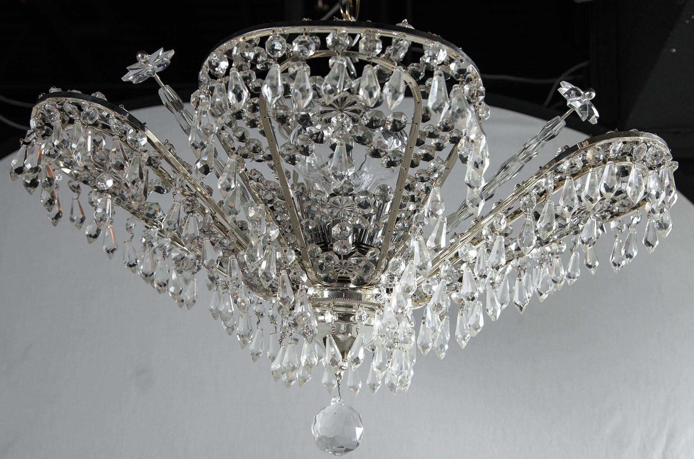 Set of Four circa 1930 French Silver Plated and Beaded Crystals Chandelier In Excellent Condition For Sale In Stamford, CT