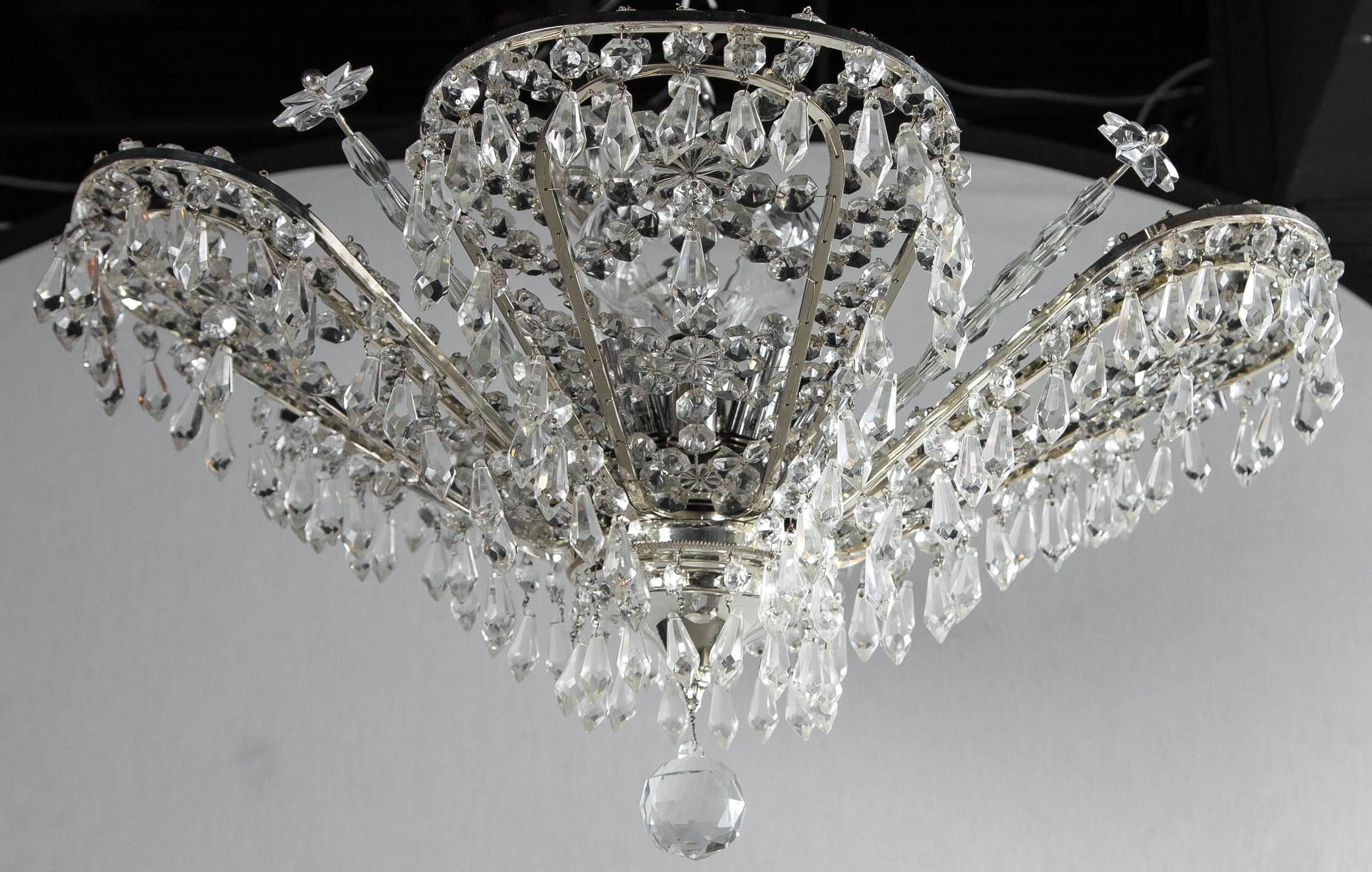Mid-20th Century Set of Four circa 1930 French Silver Plated and Beaded Crystals Chandelier For Sale