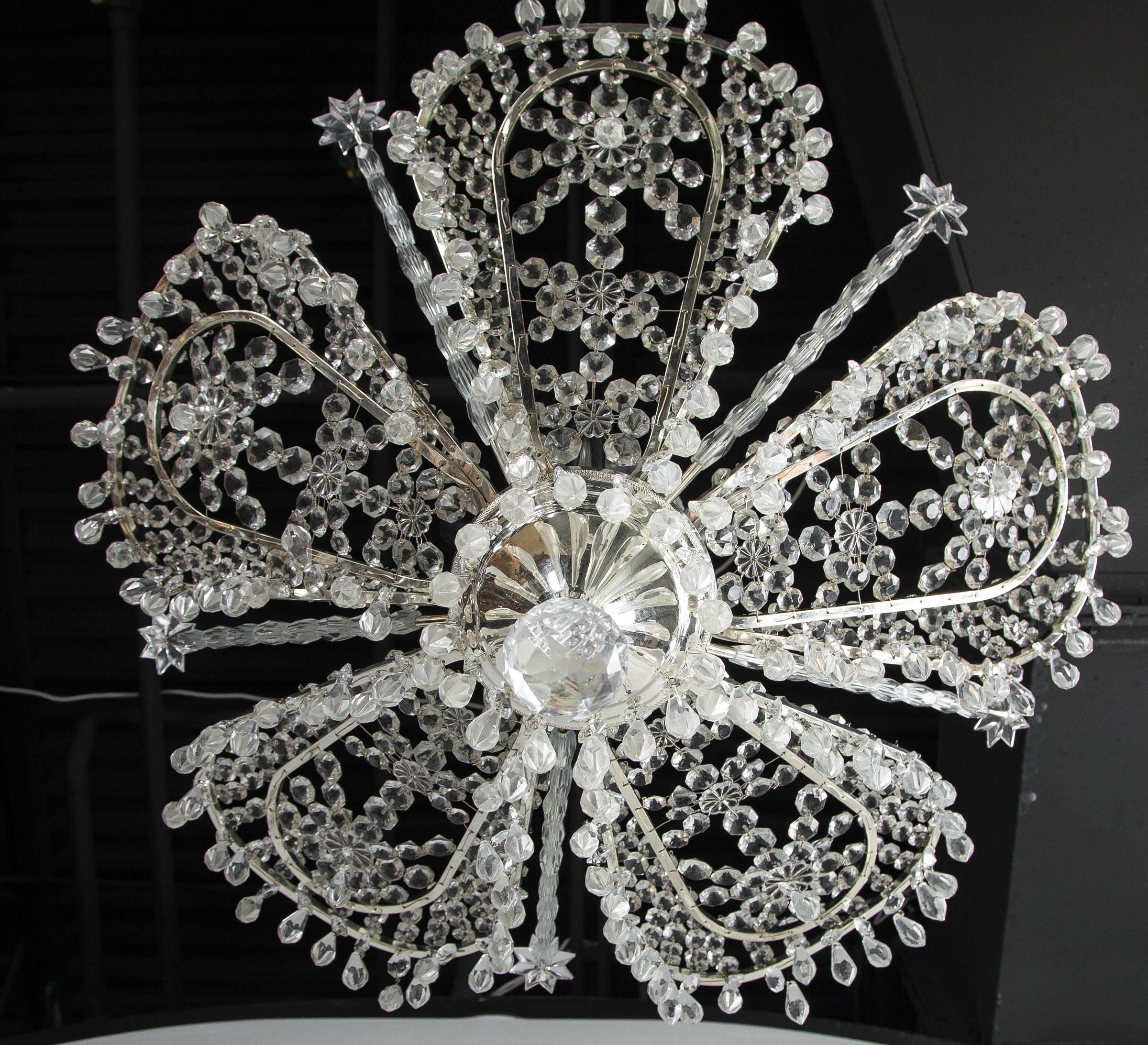 Set of Four circa 1930 French Silver Plated and Beaded Crystals Chandelier For Sale 1