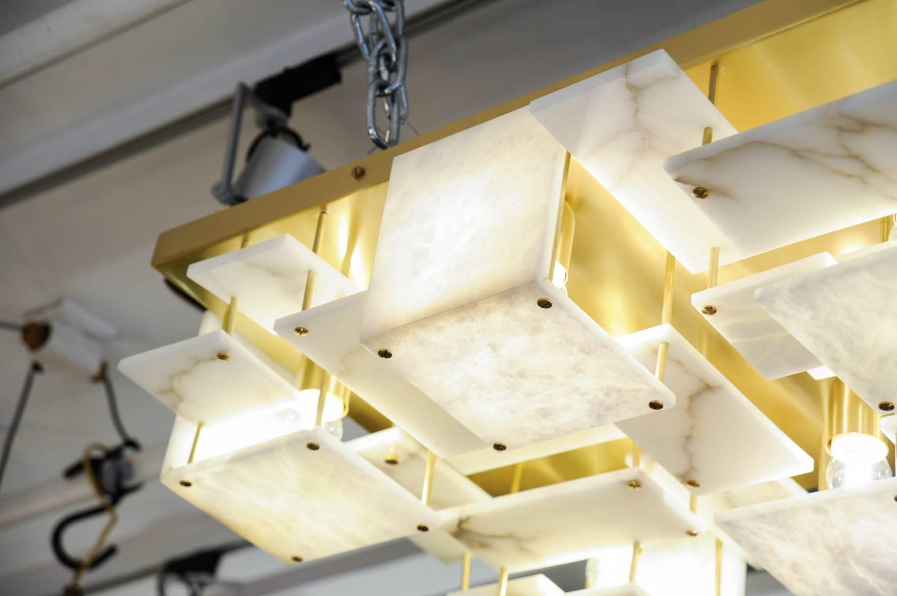 Italian Glustin Luminaires Creation Brass and Alabaster Tiles Ceiling Lamp For Sale