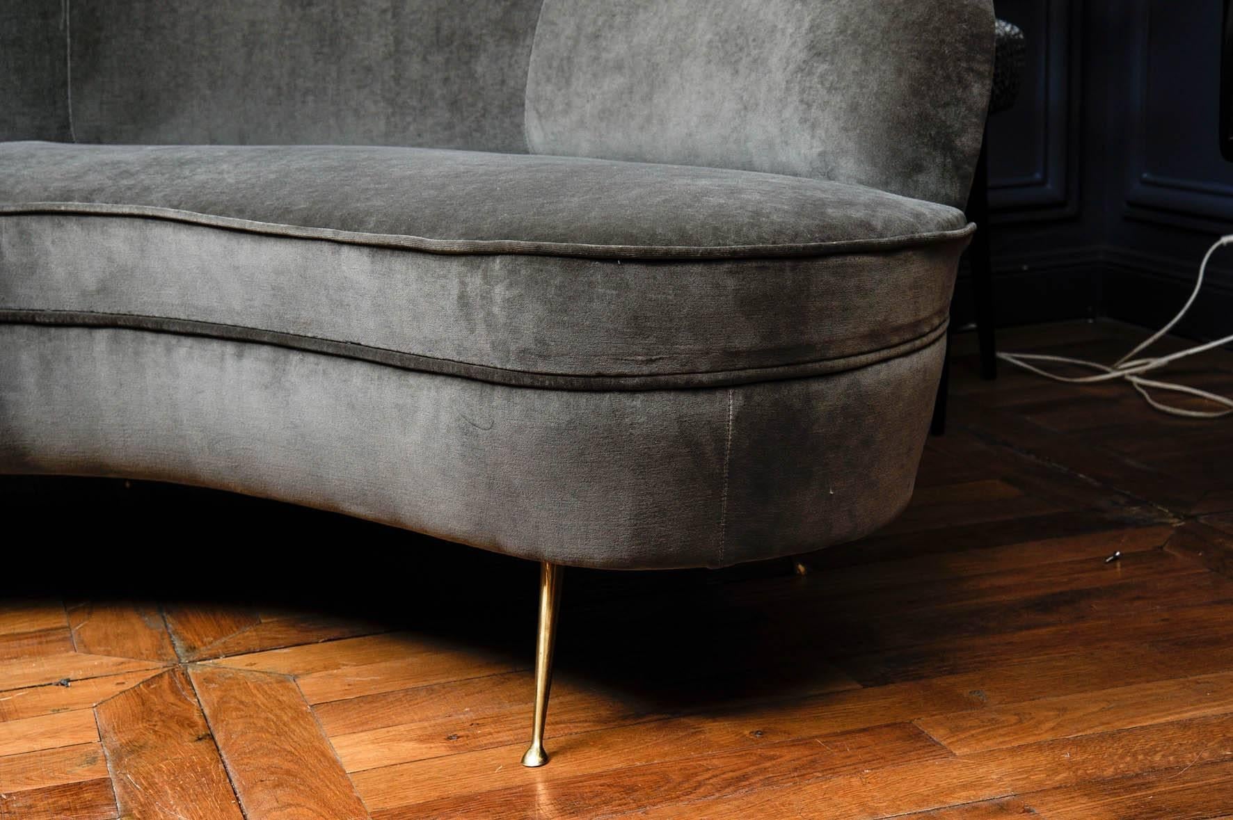 Italian Grey Velvet Curved Vintage Sofa