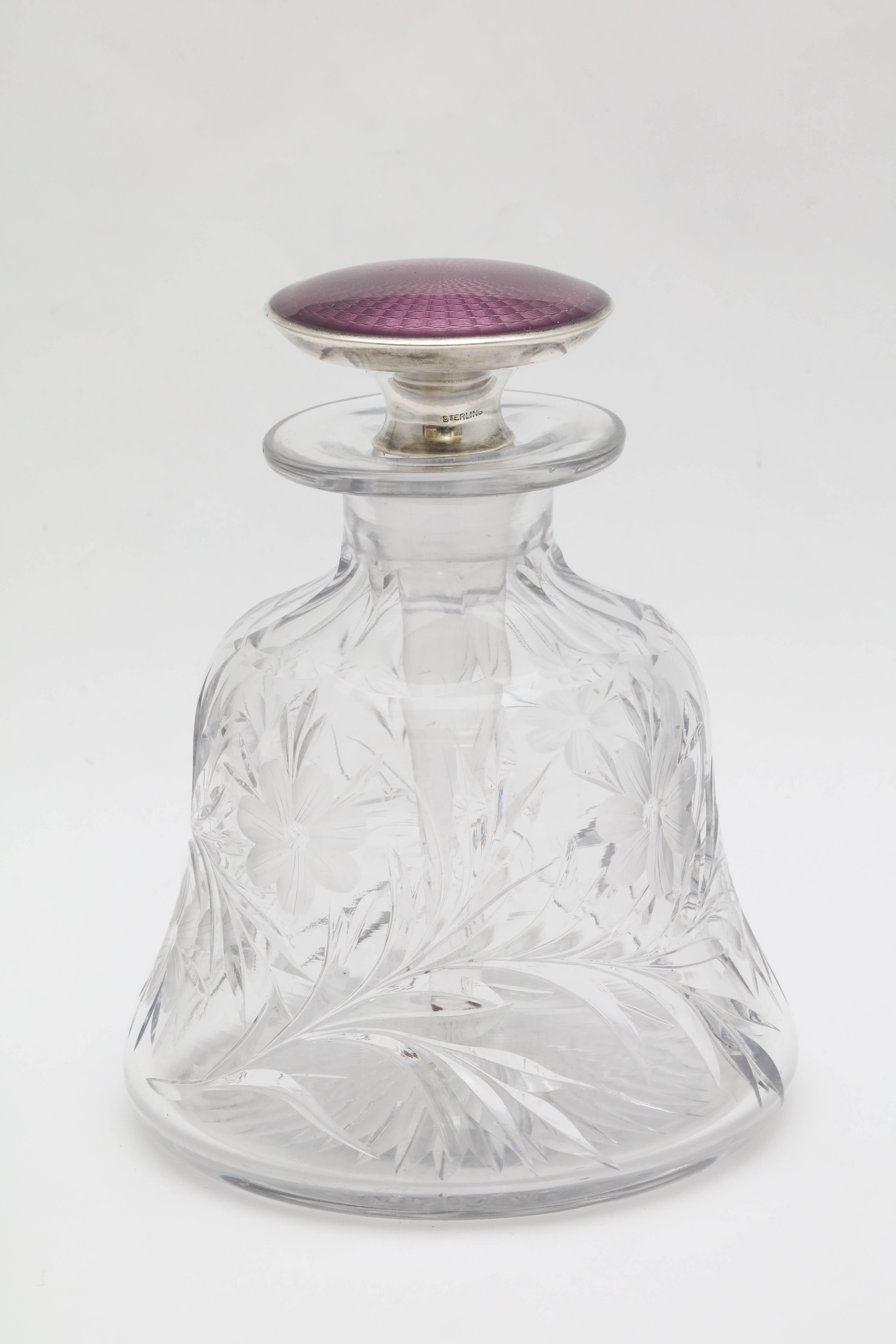 Edwardian Sterling Silver and Purple Enamel Stoppered Crystal Perfume Bottle In Excellent Condition In New York, NY