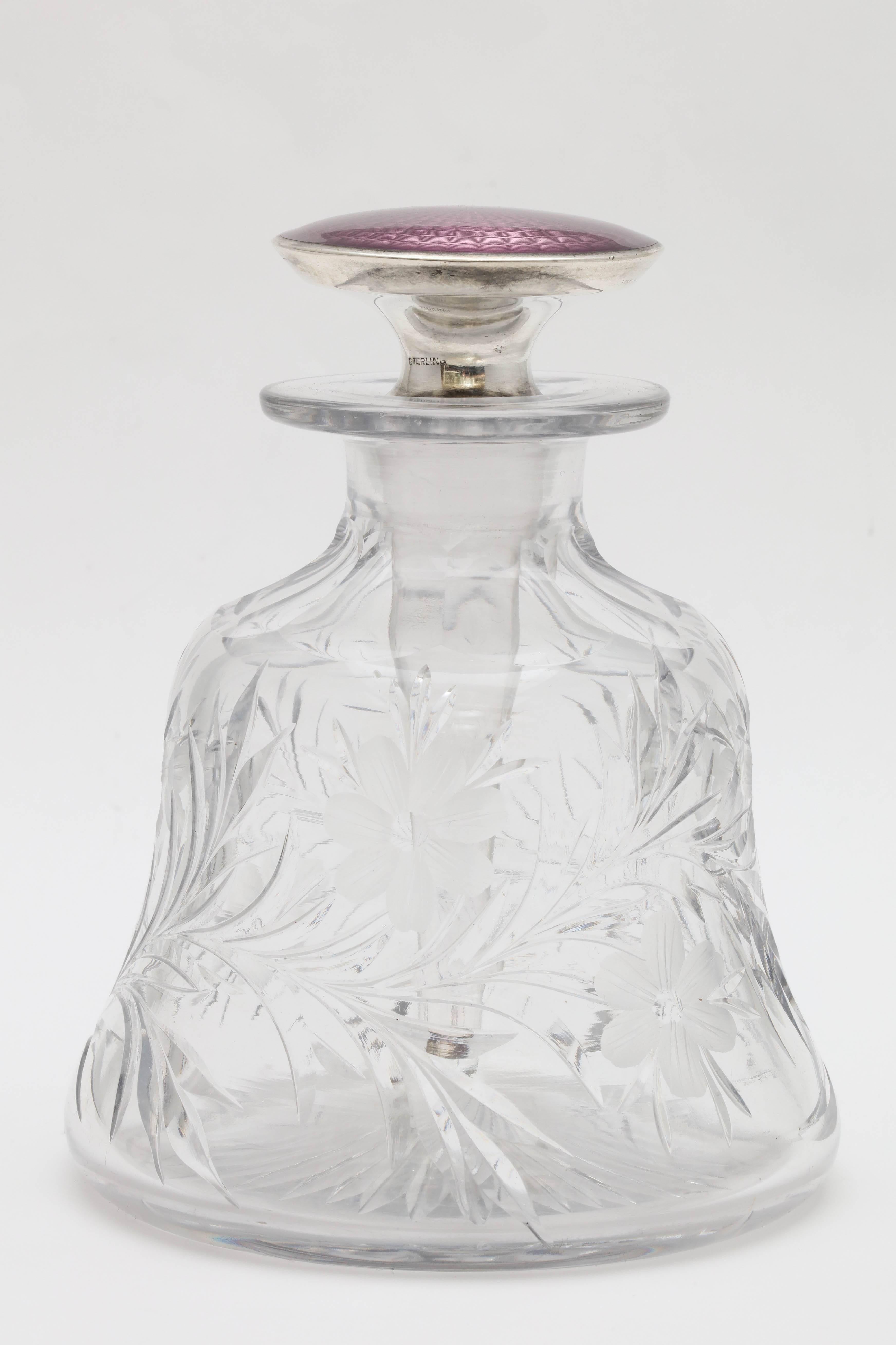 Edwardian Sterling Silver and Purple Enamel Stoppered Crystal Perfume Bottle 4