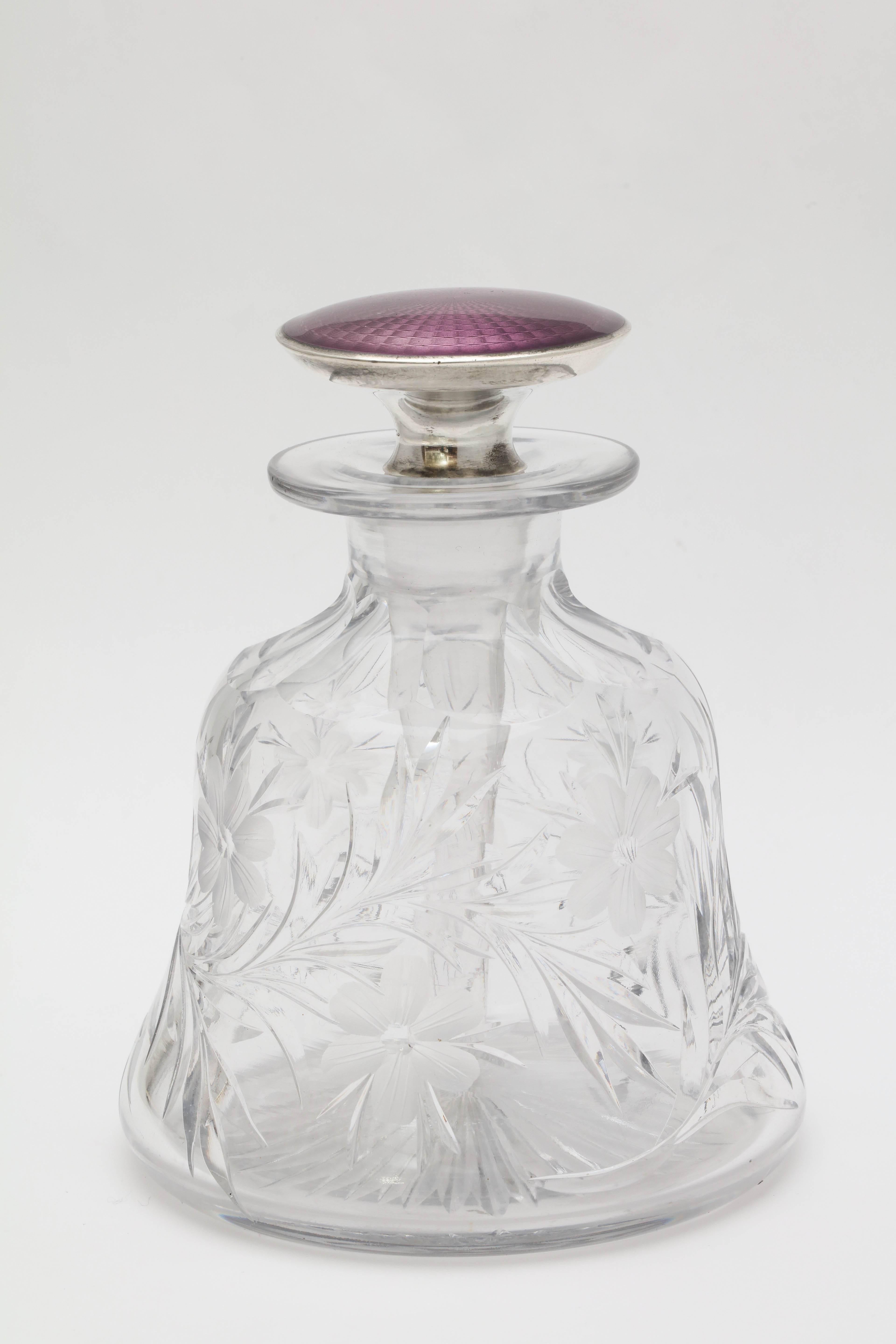 Edwardian Sterling Silver and Purple Enamel Stoppered Crystal Perfume Bottle 5