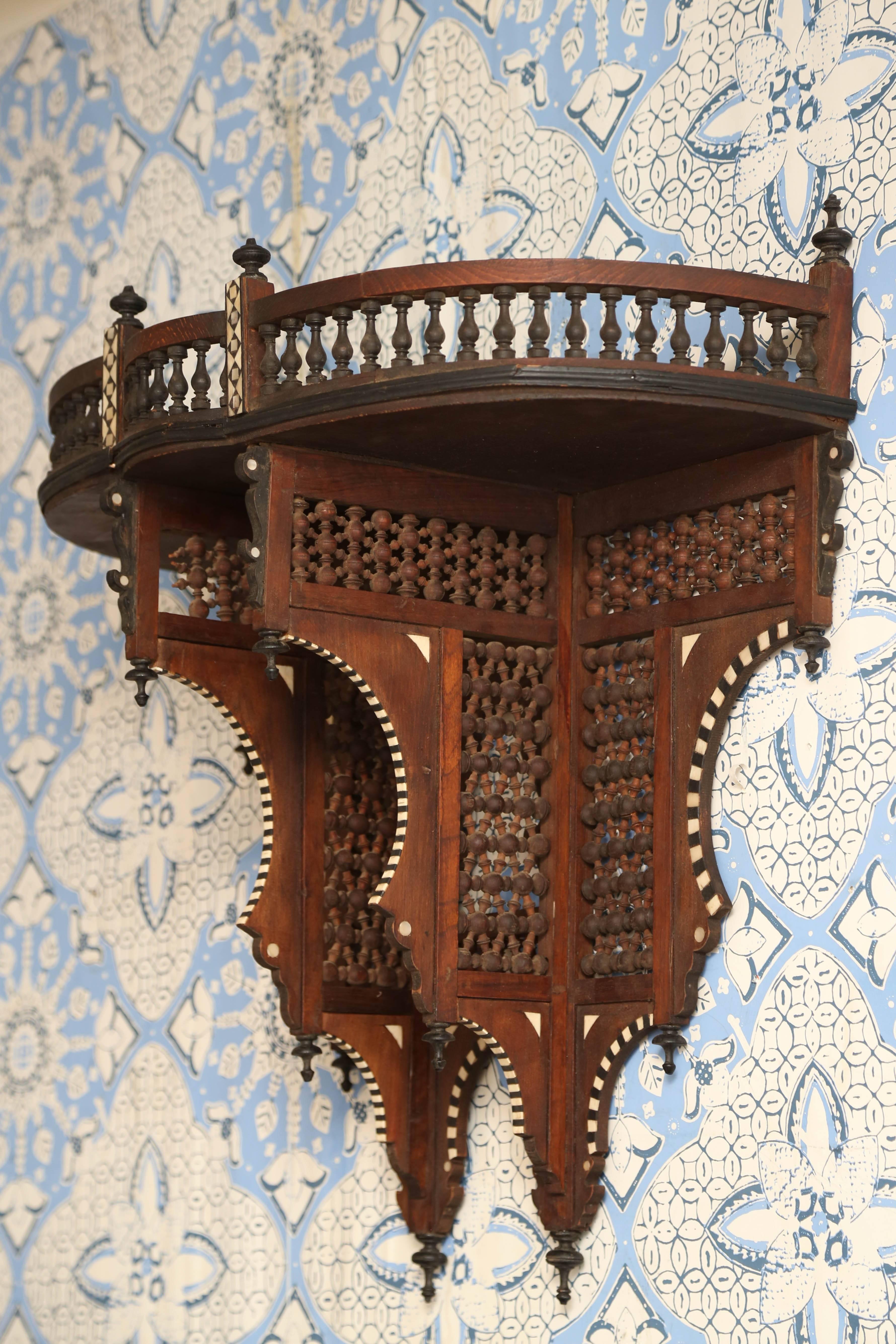 20th Century Superb Moroccan Carved Inlaid Hanging Wall Shelf