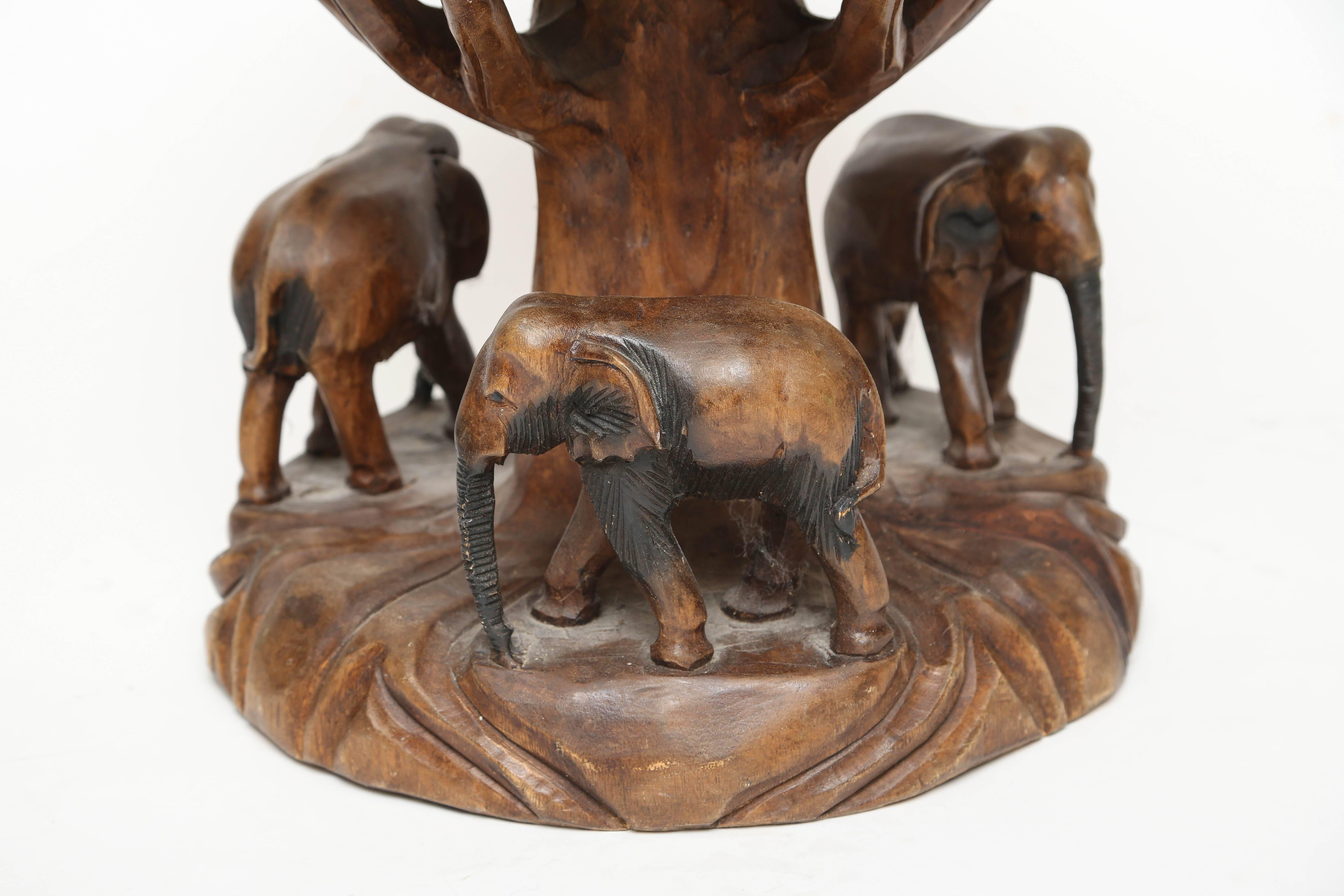 Carved & hand painted elephant garden seat with tree.
