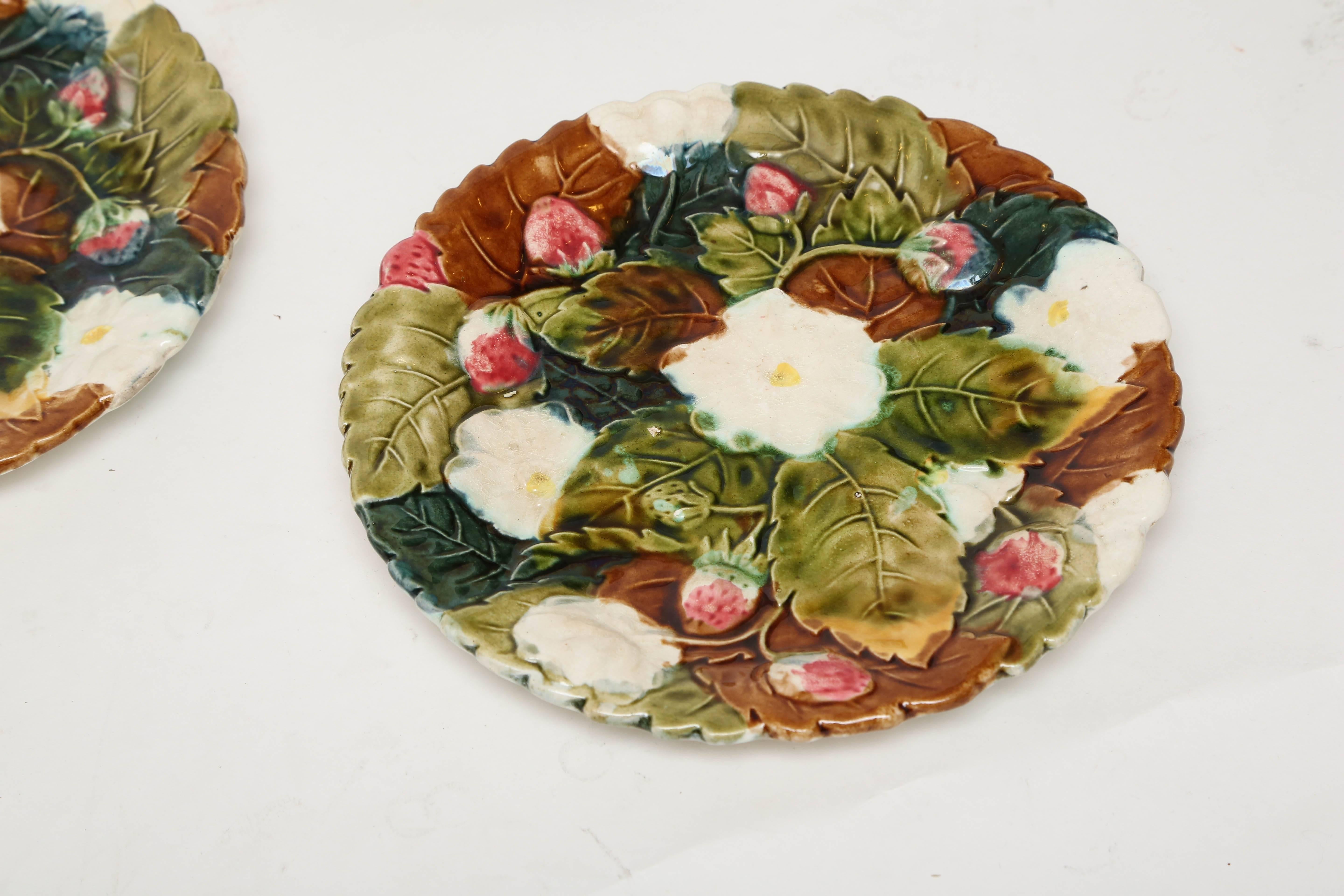 French 19th century strawberry Majolica plates by St. Clement.
