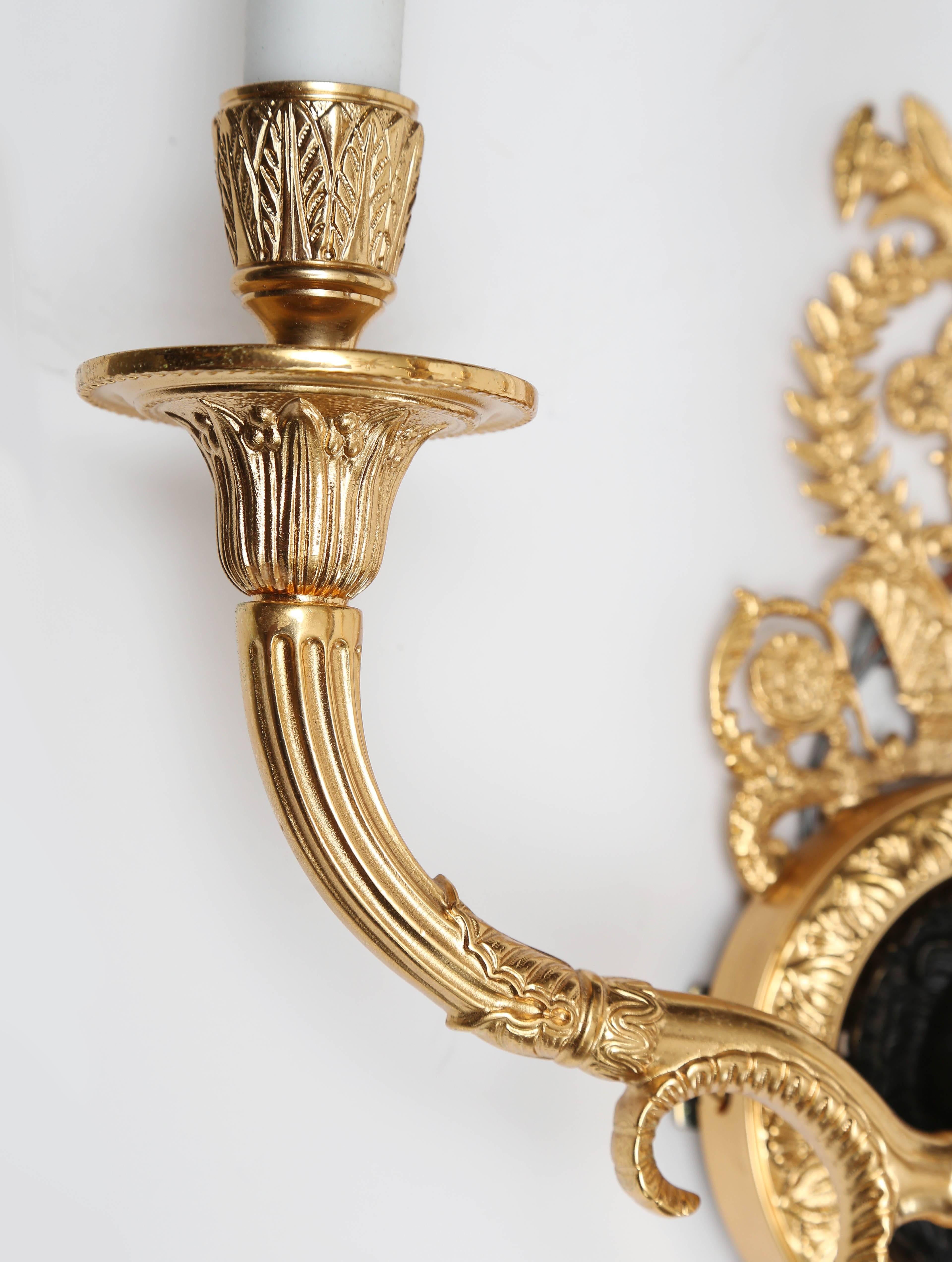 20th Century Pair of 24K Plated Continental Bronze Sconces