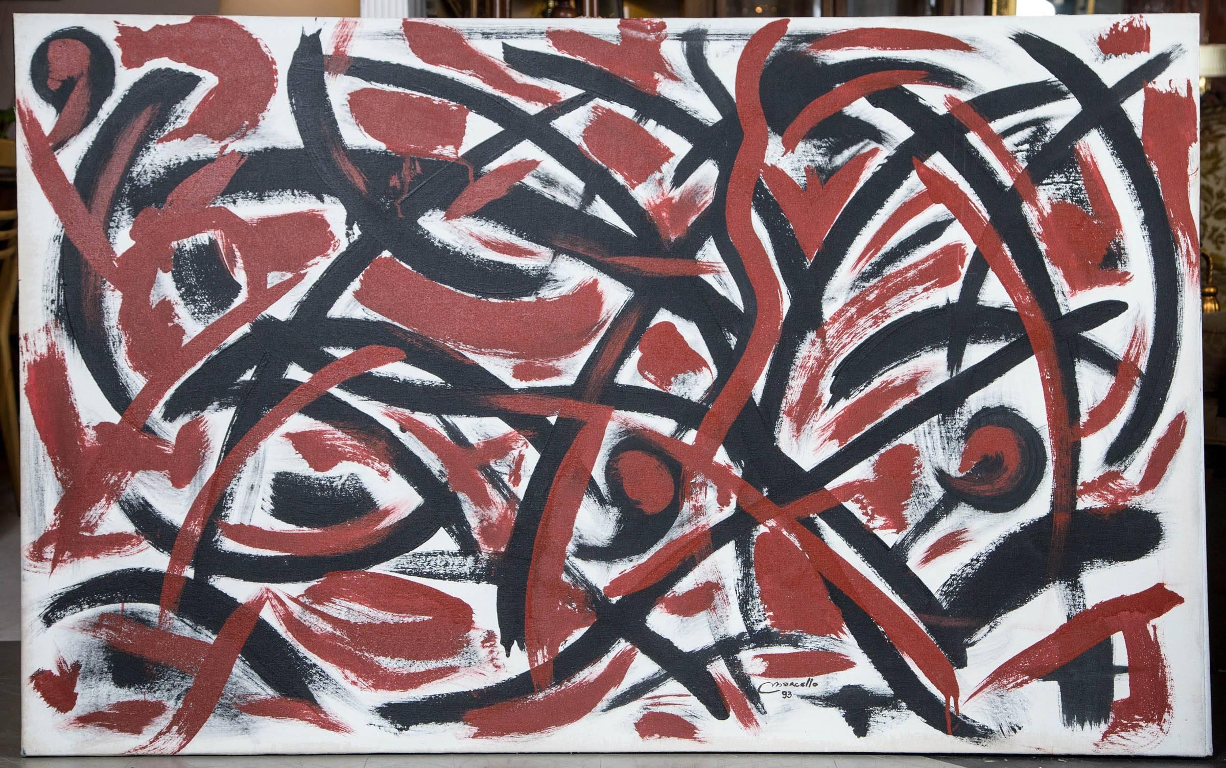 A large abstract painting with masterful free flow brush strokes much like the masters of the 1940s and 1950s. In all original condition (may be displayed vertical or horizontal).