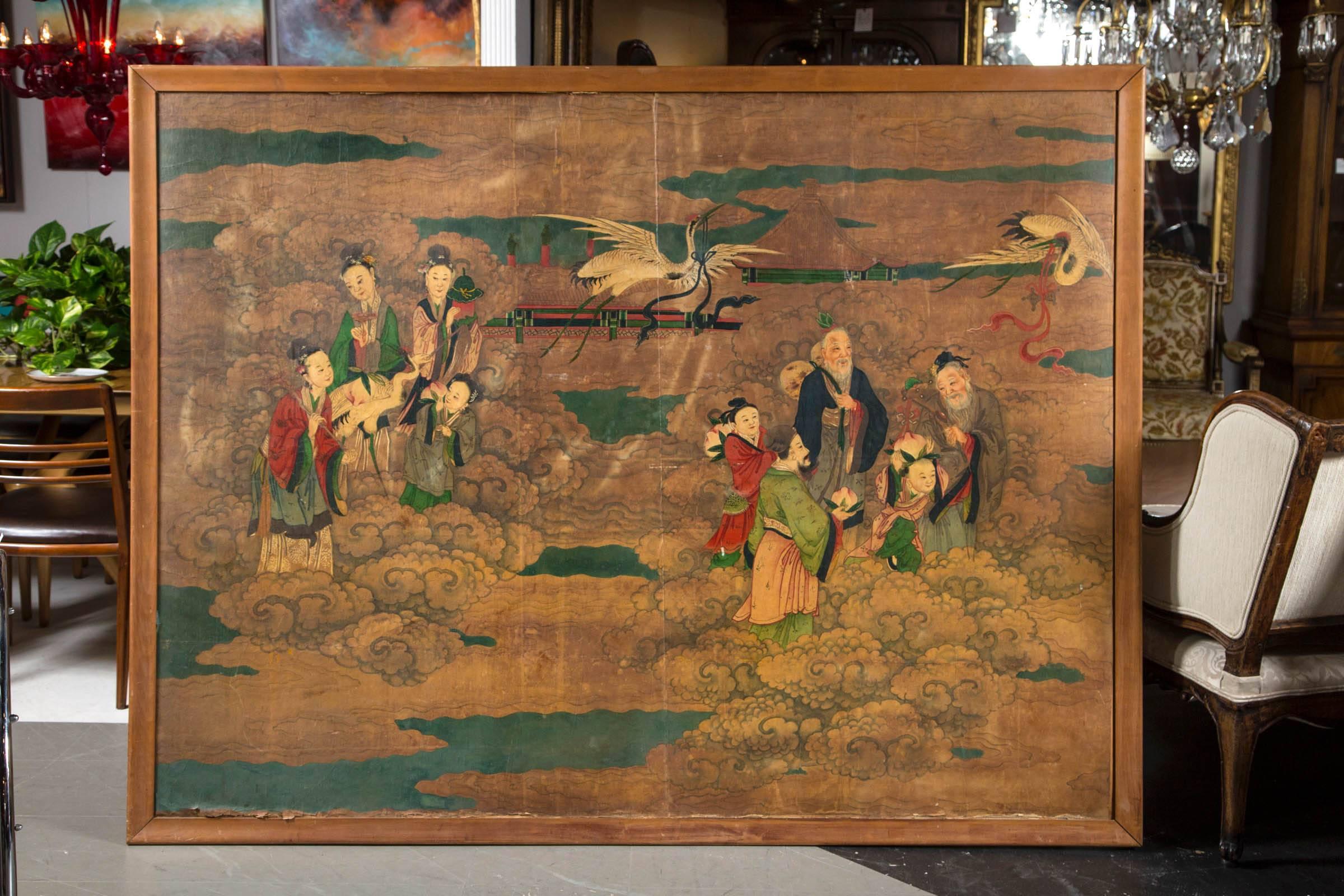 A large 19th century or earlier painted scene of pastures with figures. Having lifelike colors and detailed depictions of Asian folks with real expressions on their faces. Measure: Large size 77