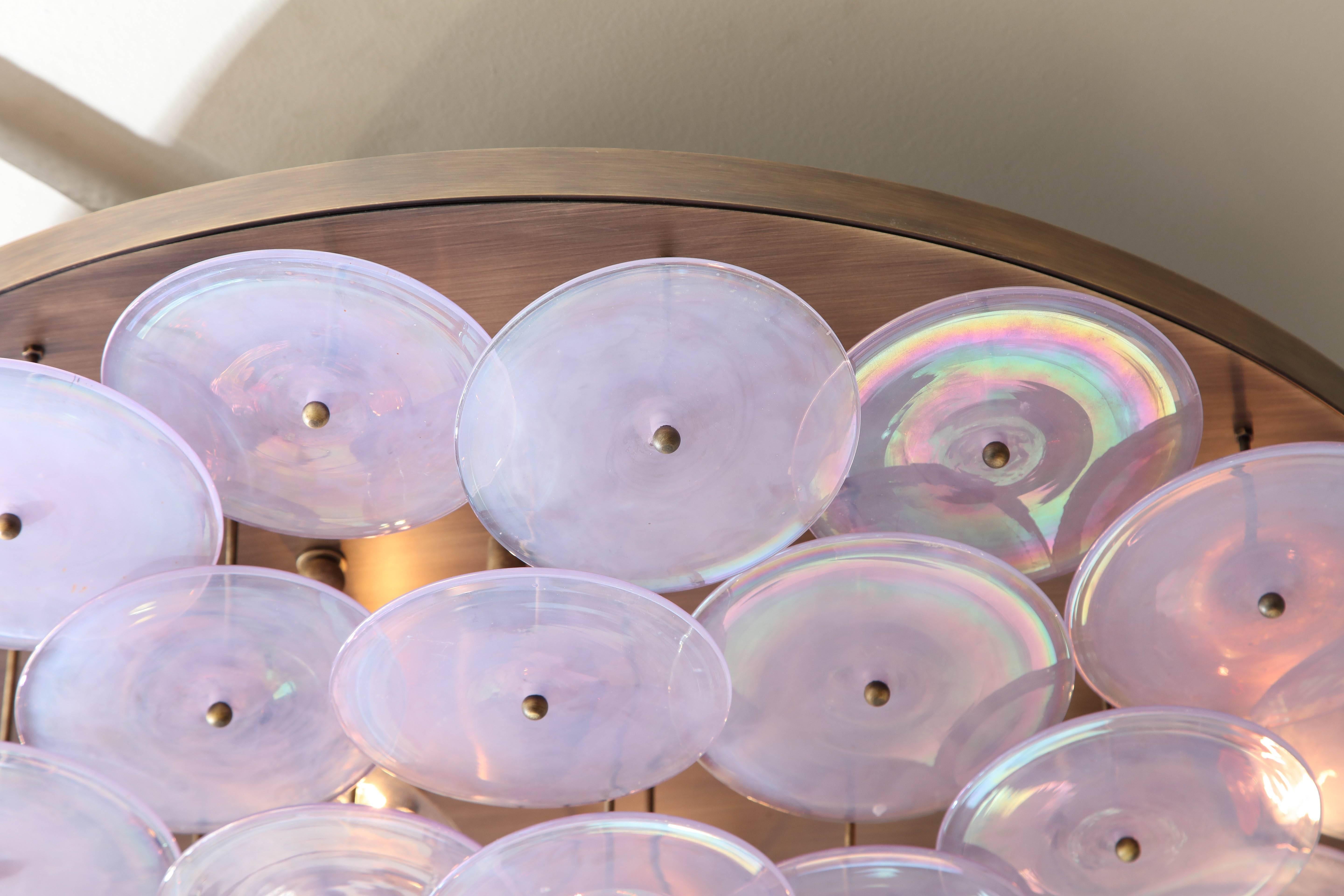 Brass Custom Alex Iridescent Murano Glass Disc Flush Mount Light For Sale