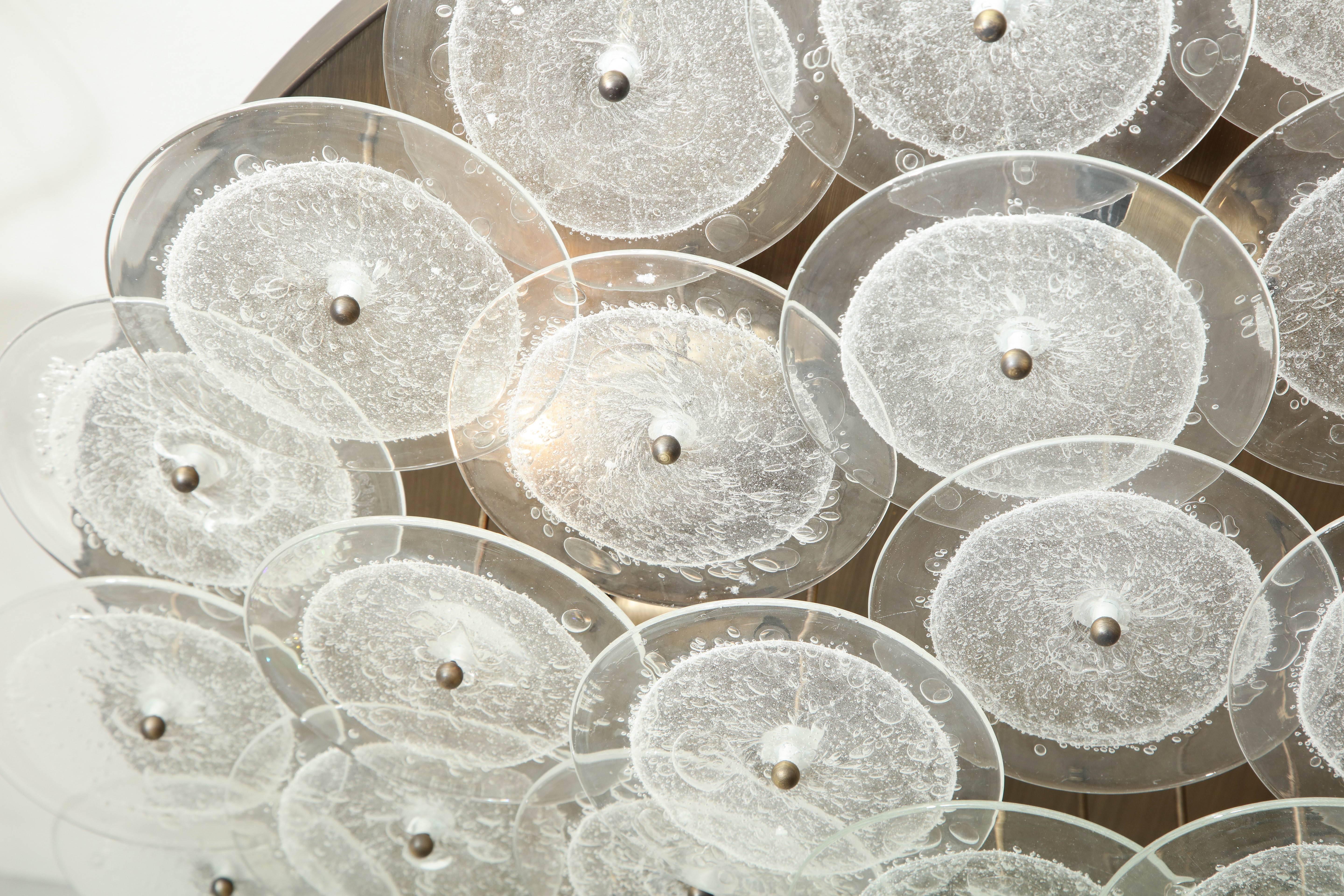 Italian Custom Clear Bubble Murano Glass Disc Flush Mount Light For Sale
