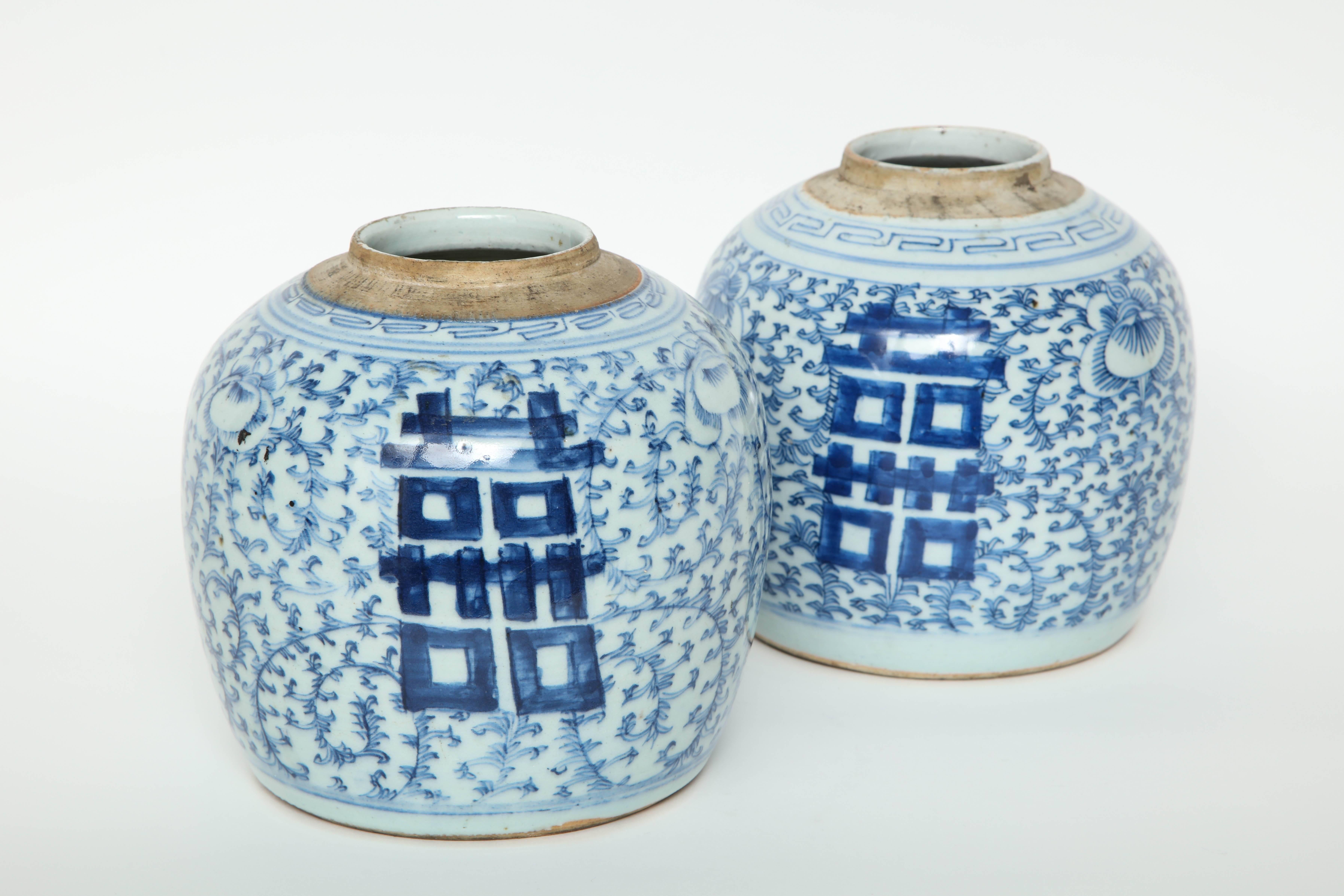 Pair of hand decorated, Double Happiness symbol,  Chinese export blue and white ironstone cache pots.