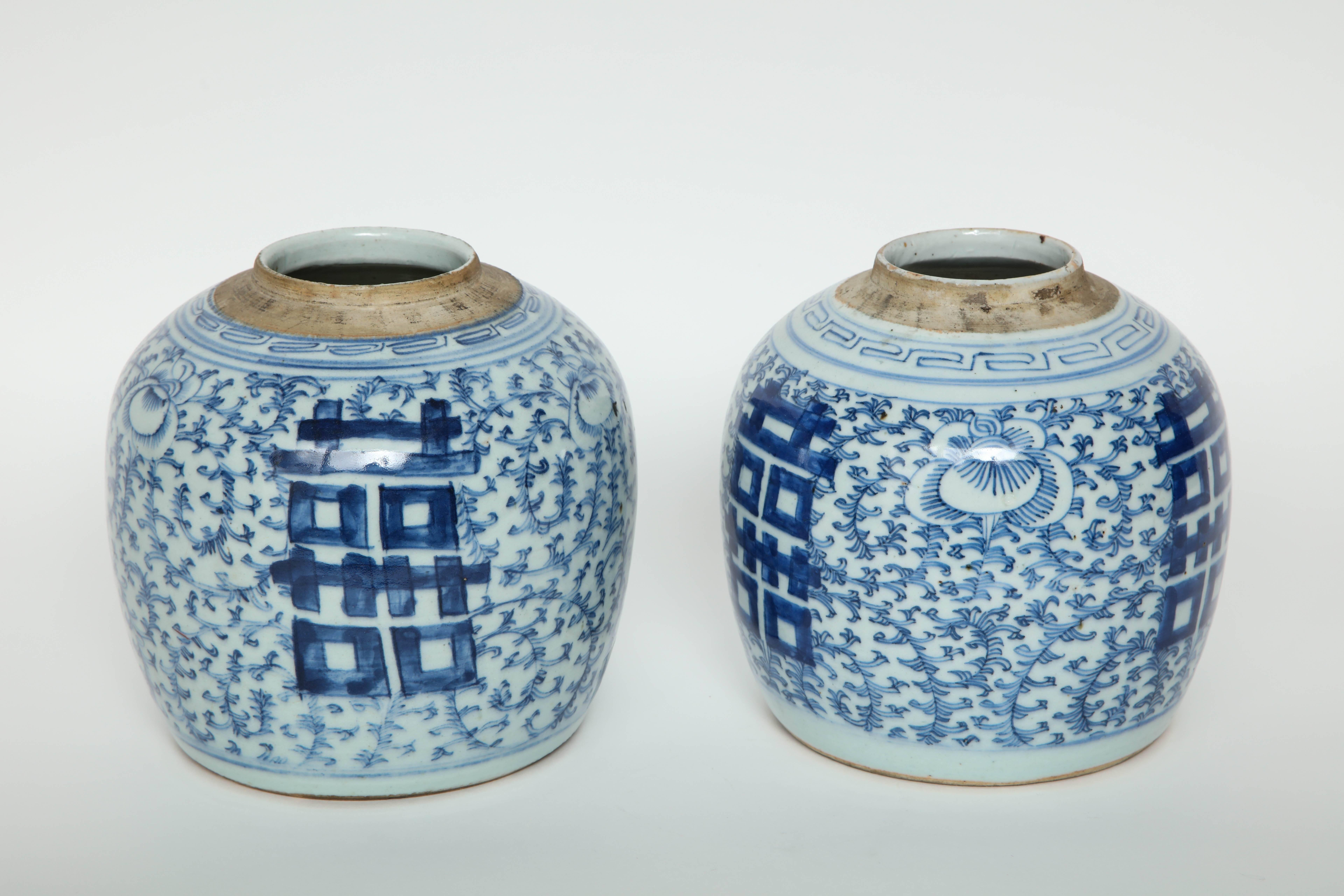 Chinese Blue/White Double Happiness Cache Pots In Excellent Condition In New York, NY