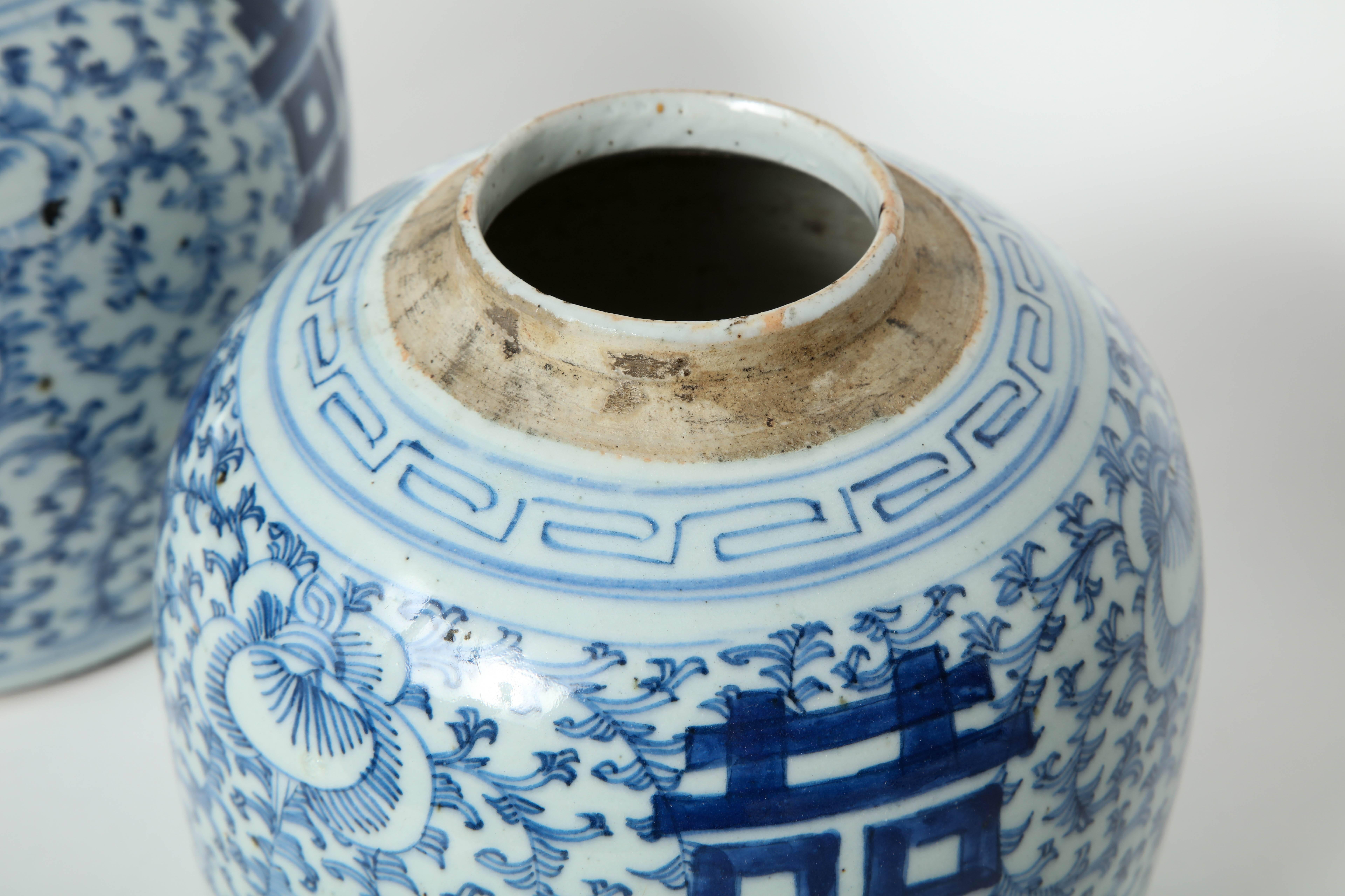 Ironstone Chinese Blue/White Double Happiness Cache Pots