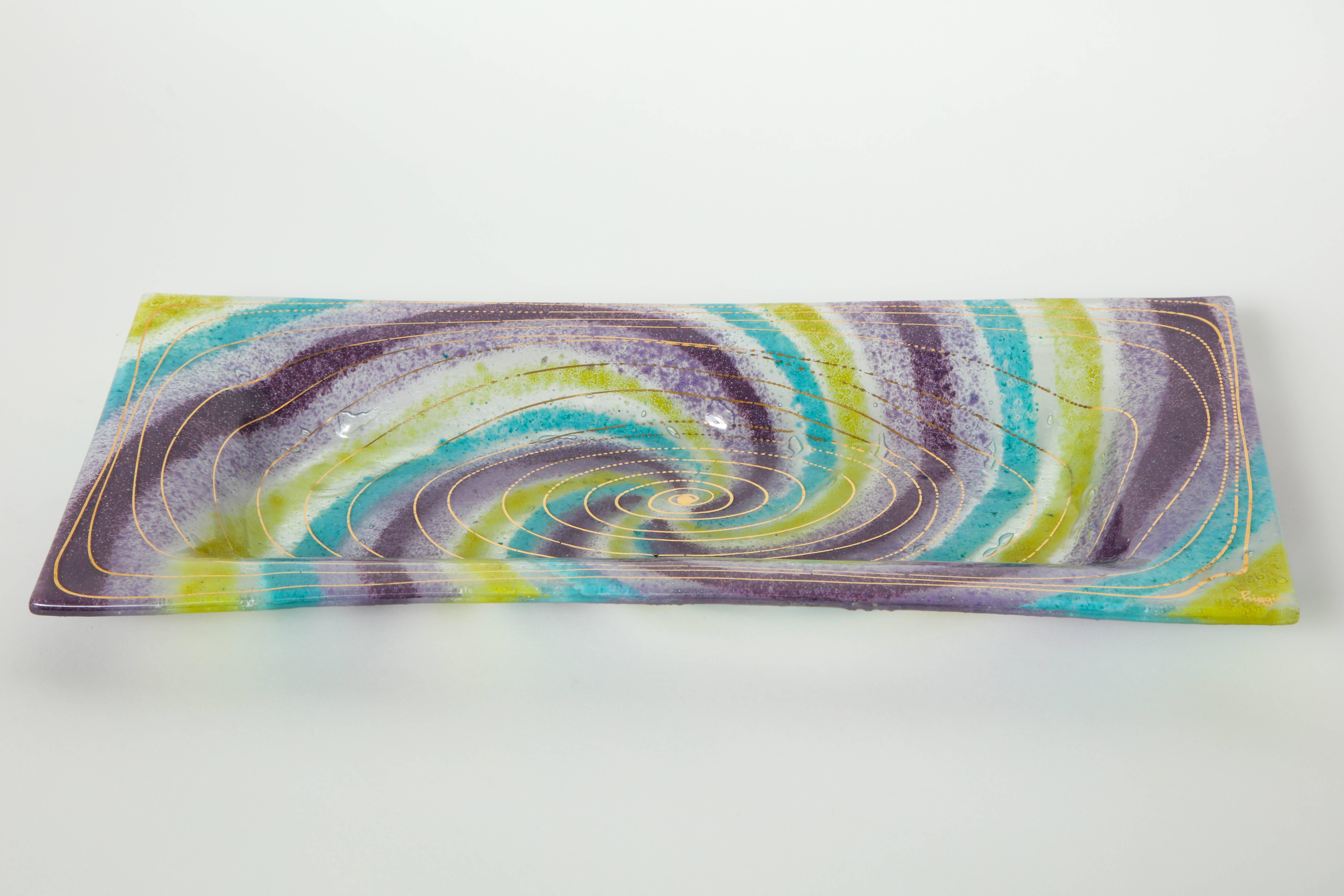 Colorful whimsical art glass rectangular dish with vibrant swirls of aqua, yellow and violet and metallic gold by Higgins, signed. Great for a catch all on a console, serving dish or a great alternative to a soap dish.