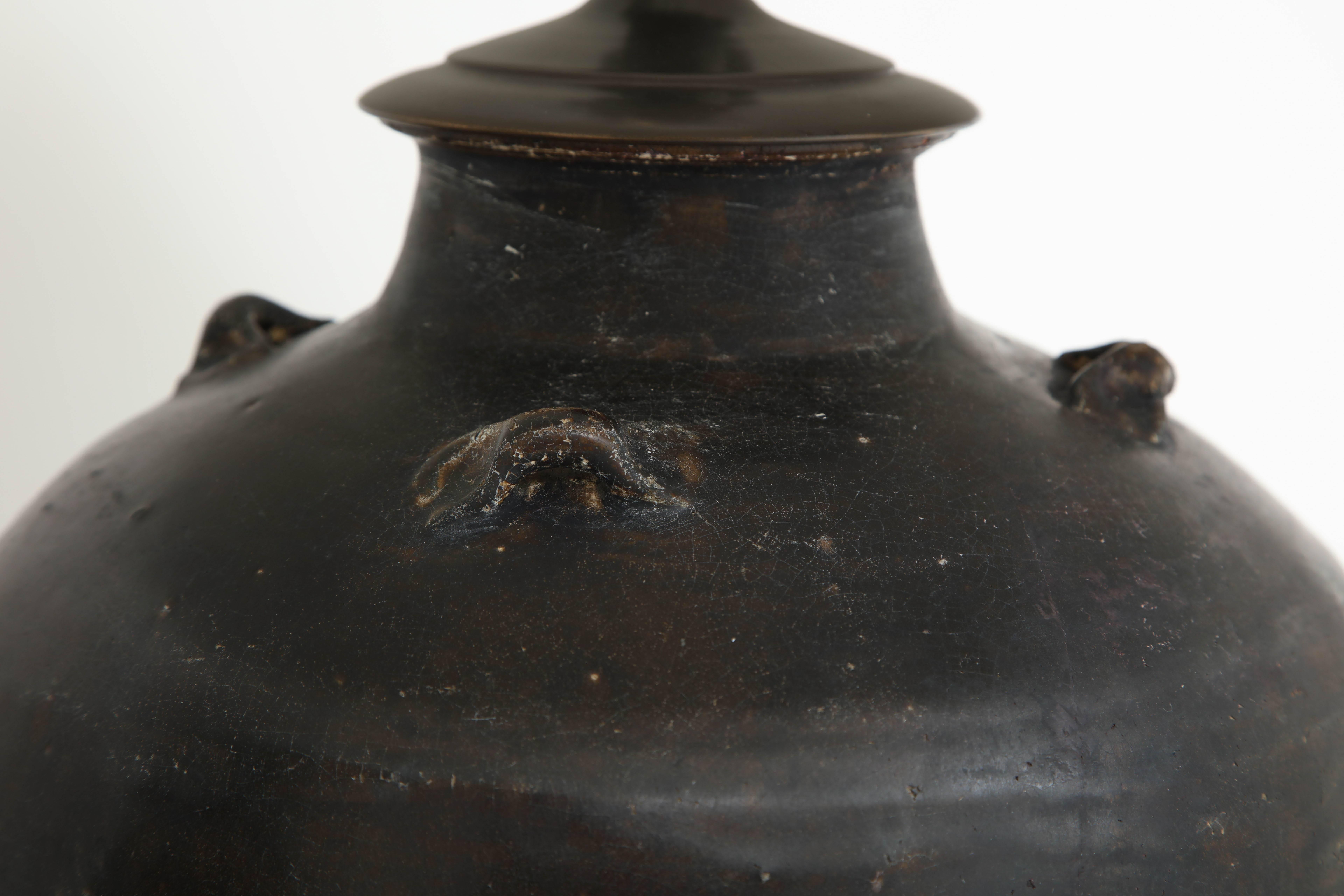 Chinese Pair of Black Terracotta Wine Vessel Lamps