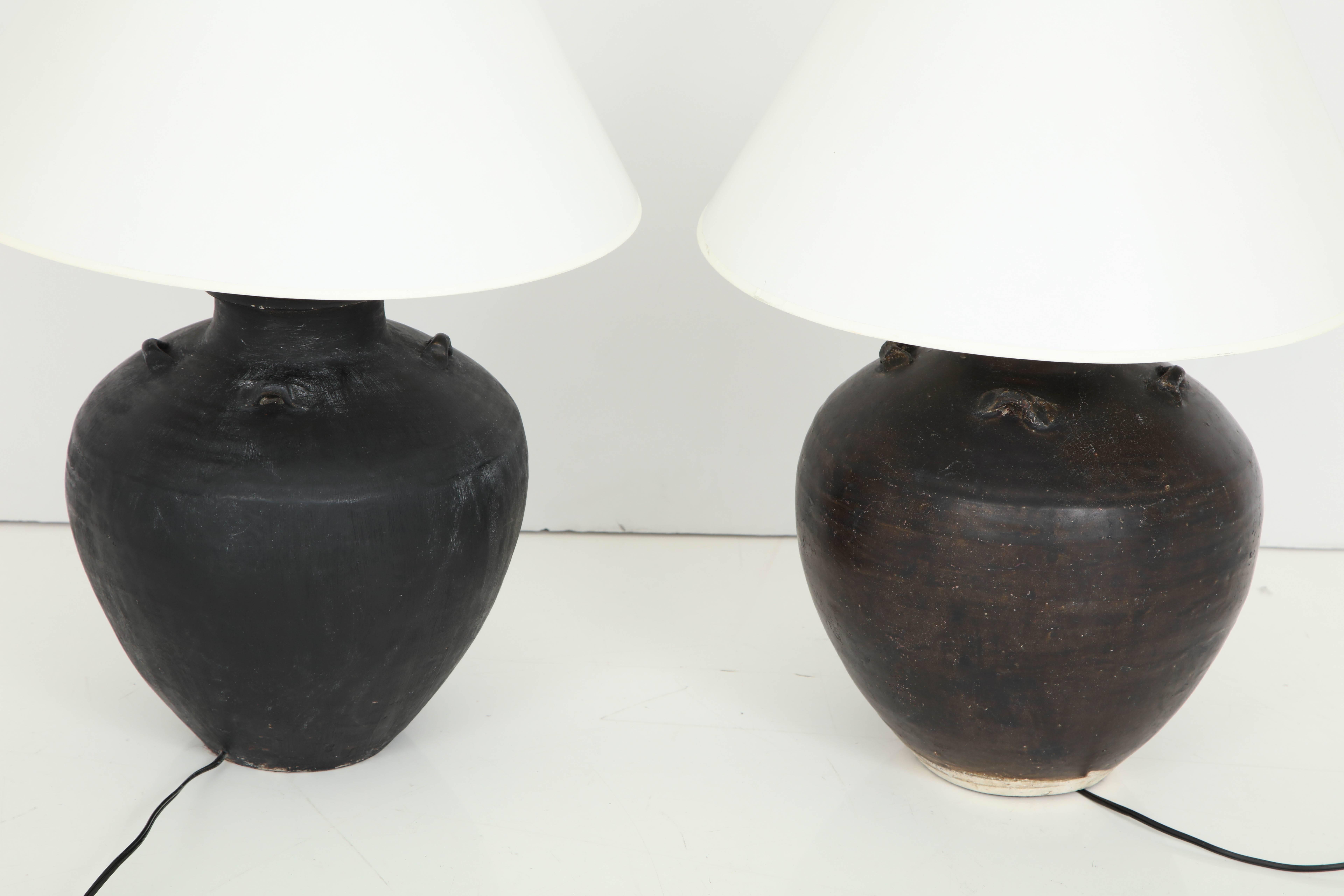 20th Century Pair of Black Terracotta Wine Vessel Lamps