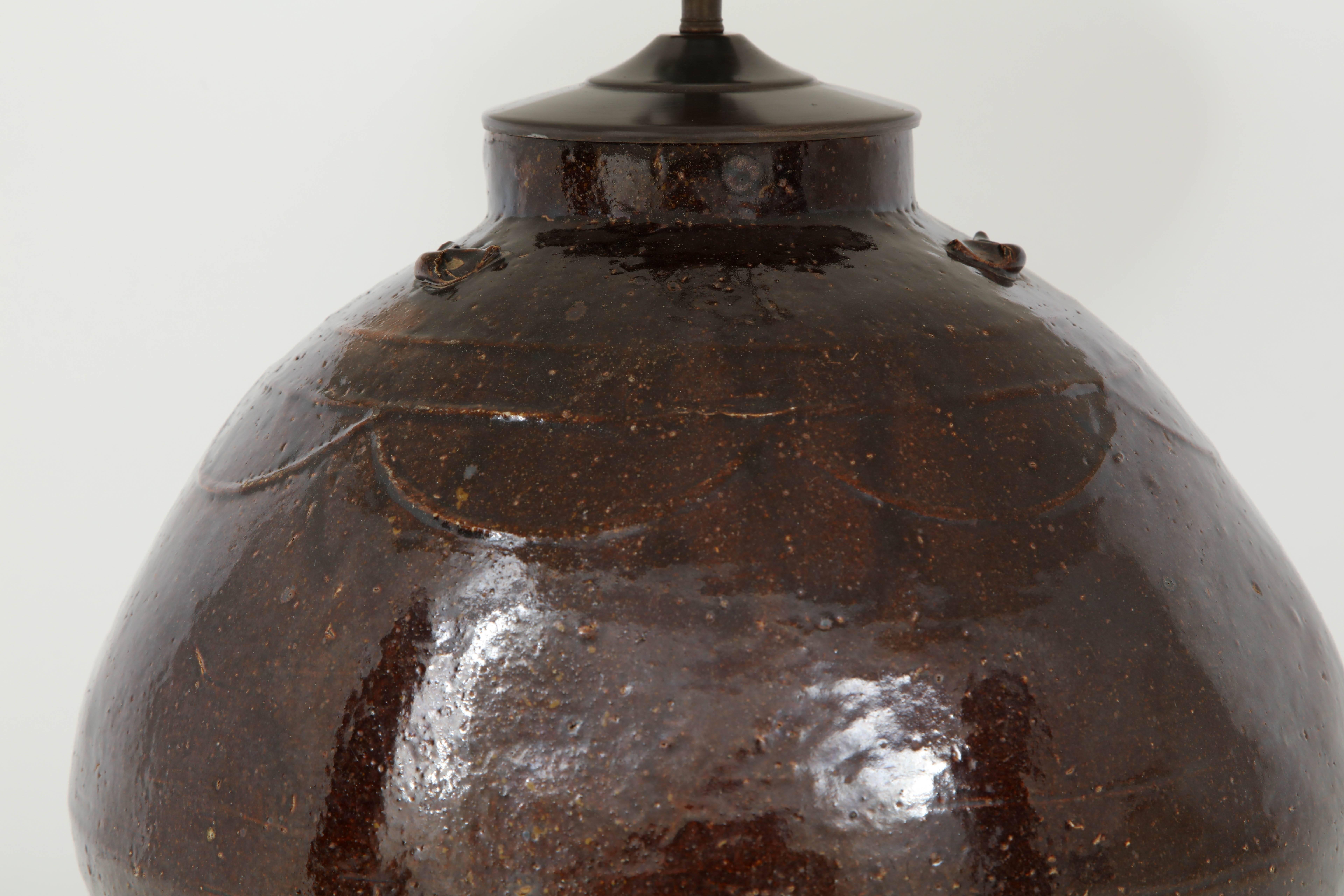 Late 19th Century Glazed Terracotta Wine Vessel Lamp In Good Condition In New York, NY