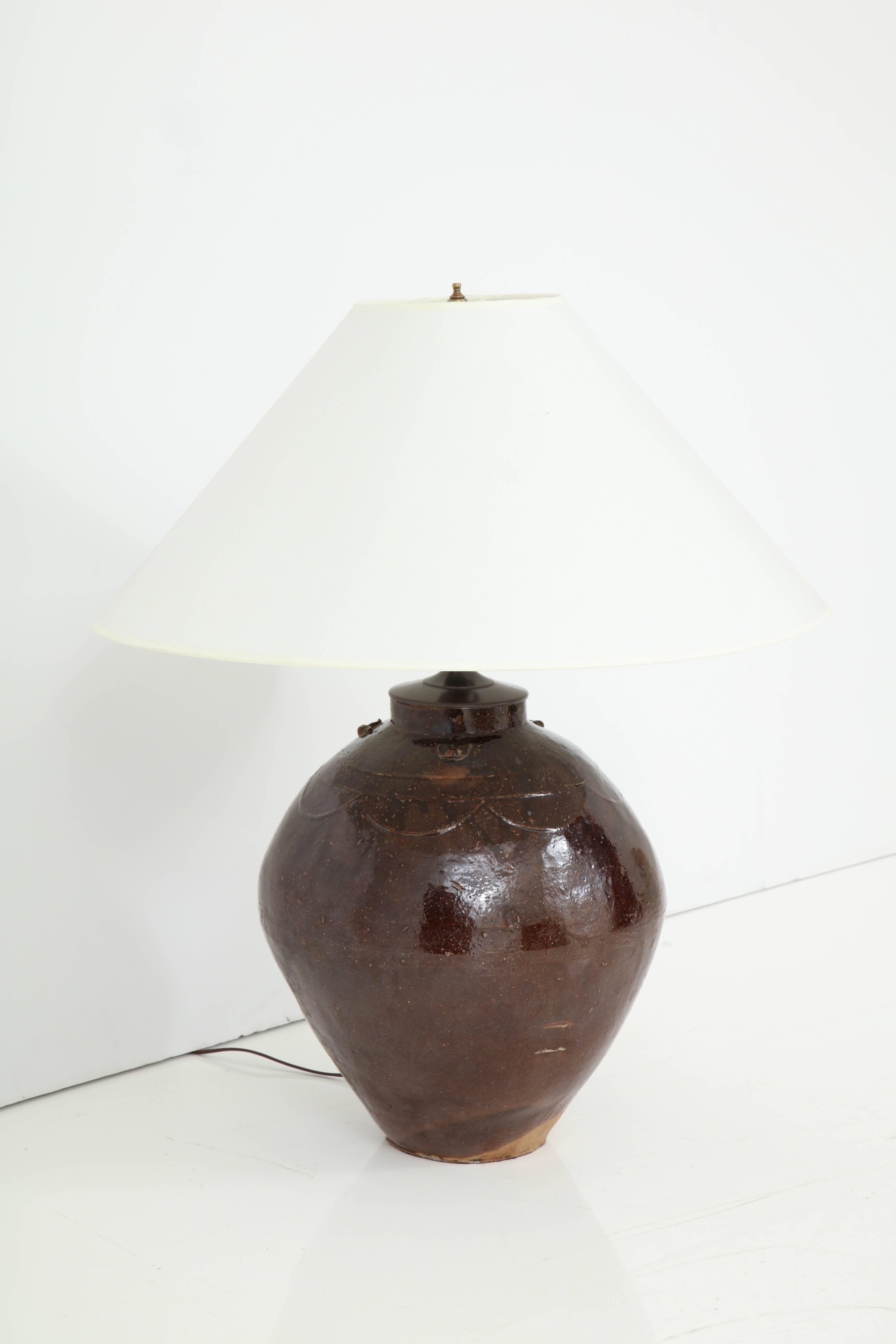Late 19th Century Glazed Terracotta Wine Vessel Lamp 1