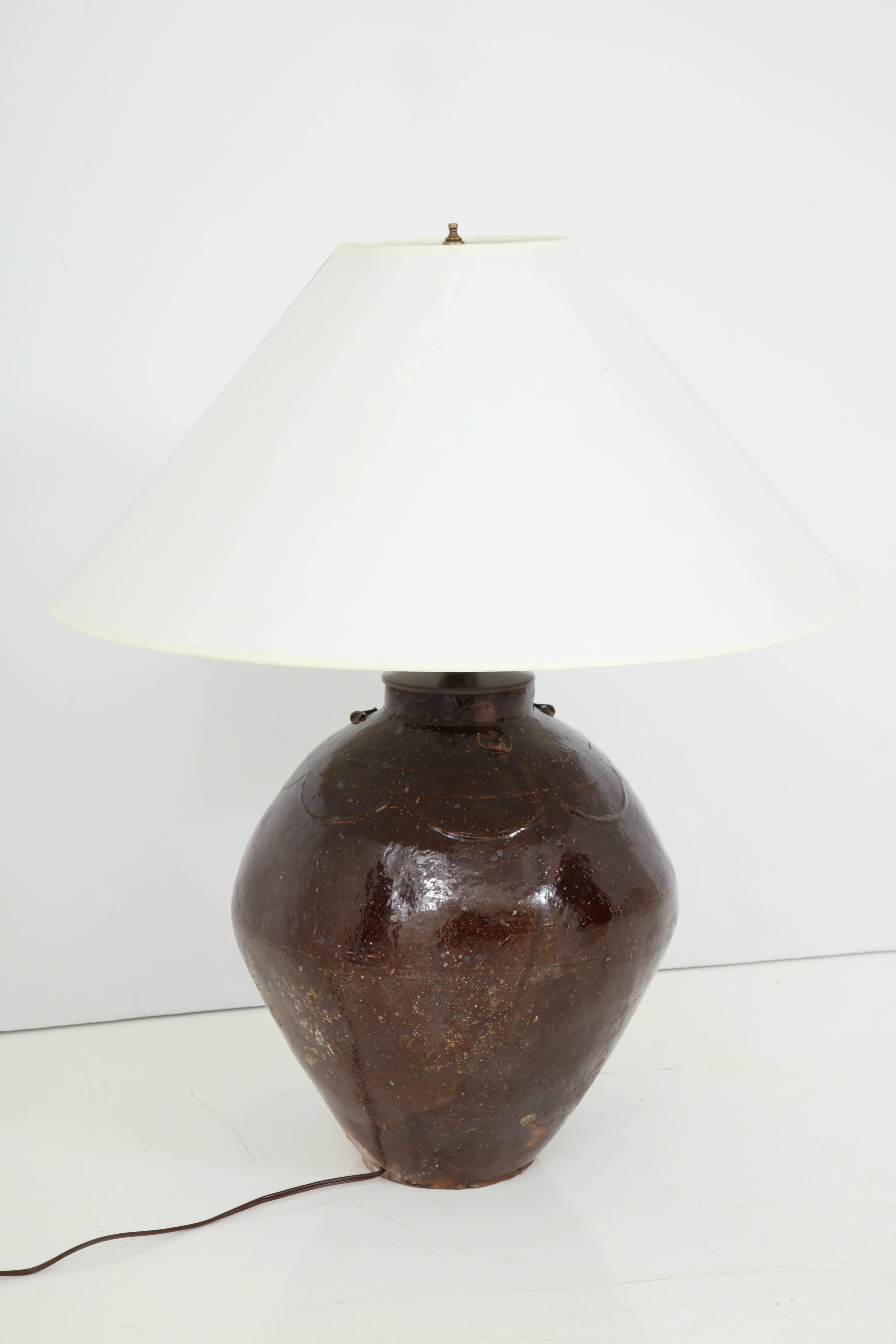 Late 19th Century Glazed Terracotta Wine Vessel Lamp 2
