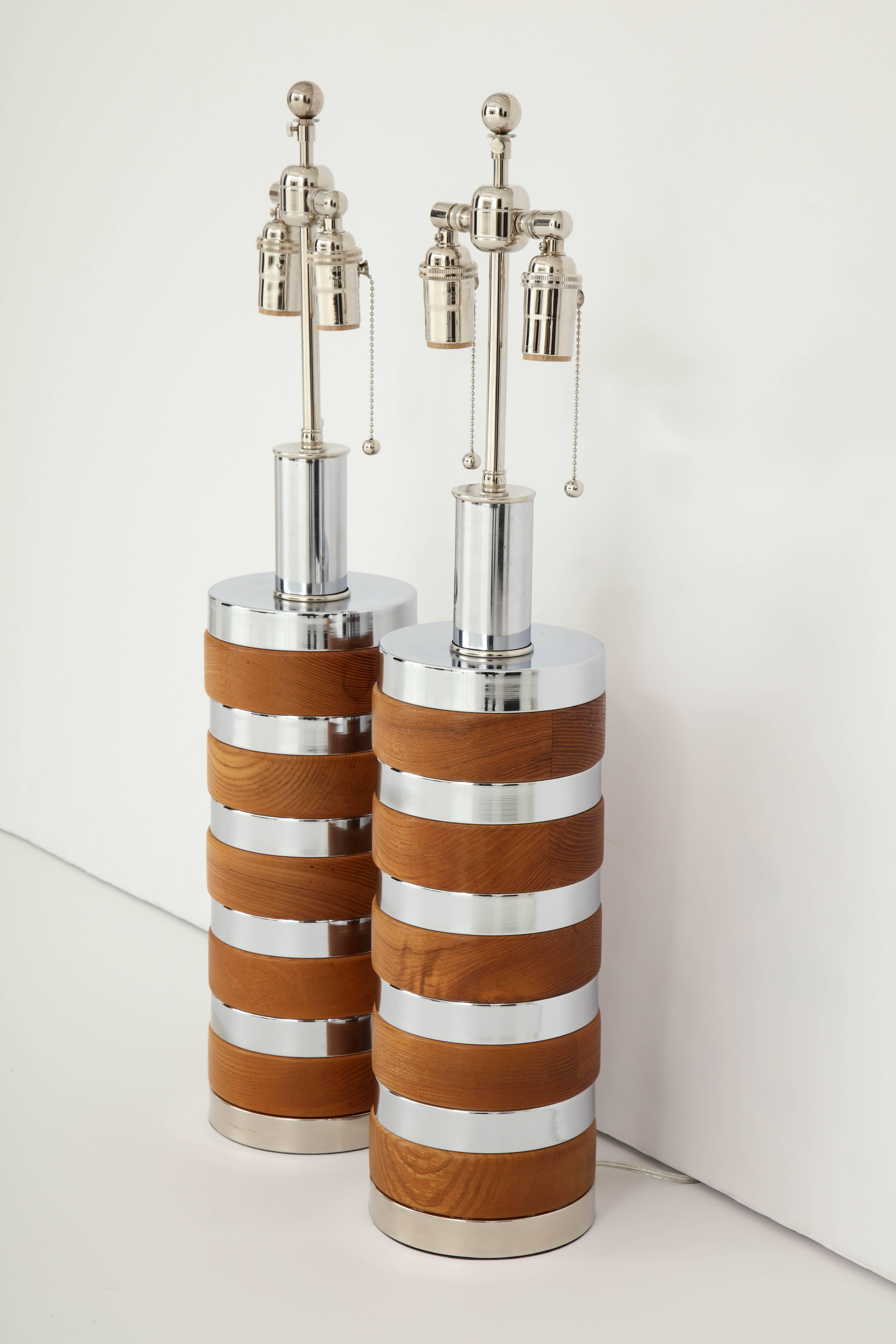 Pair of Wood and Chrome Lamps by Laurel In Excellent Condition In New York, NY