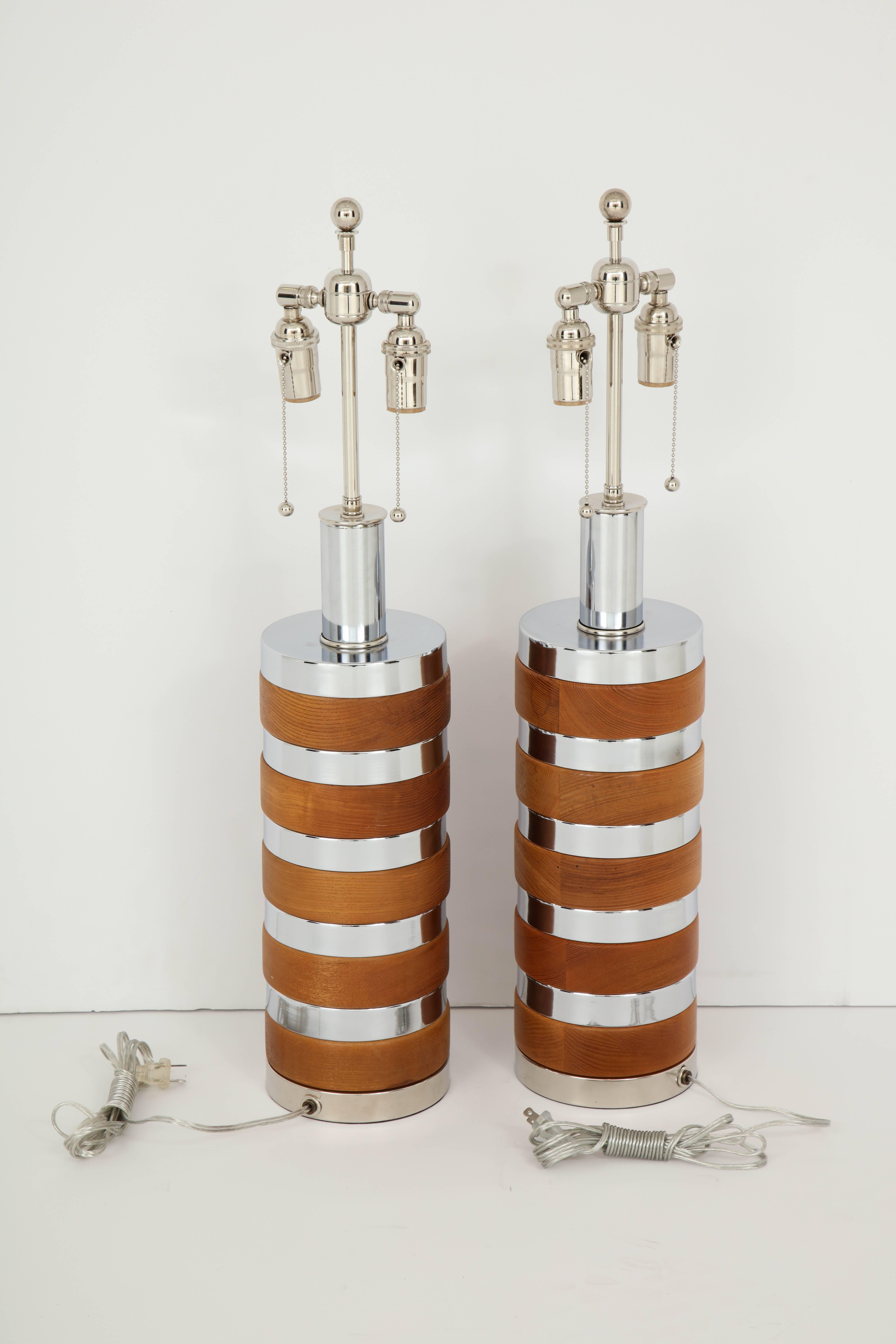 Pair of Wood and Chrome Lamps by Laurel 3