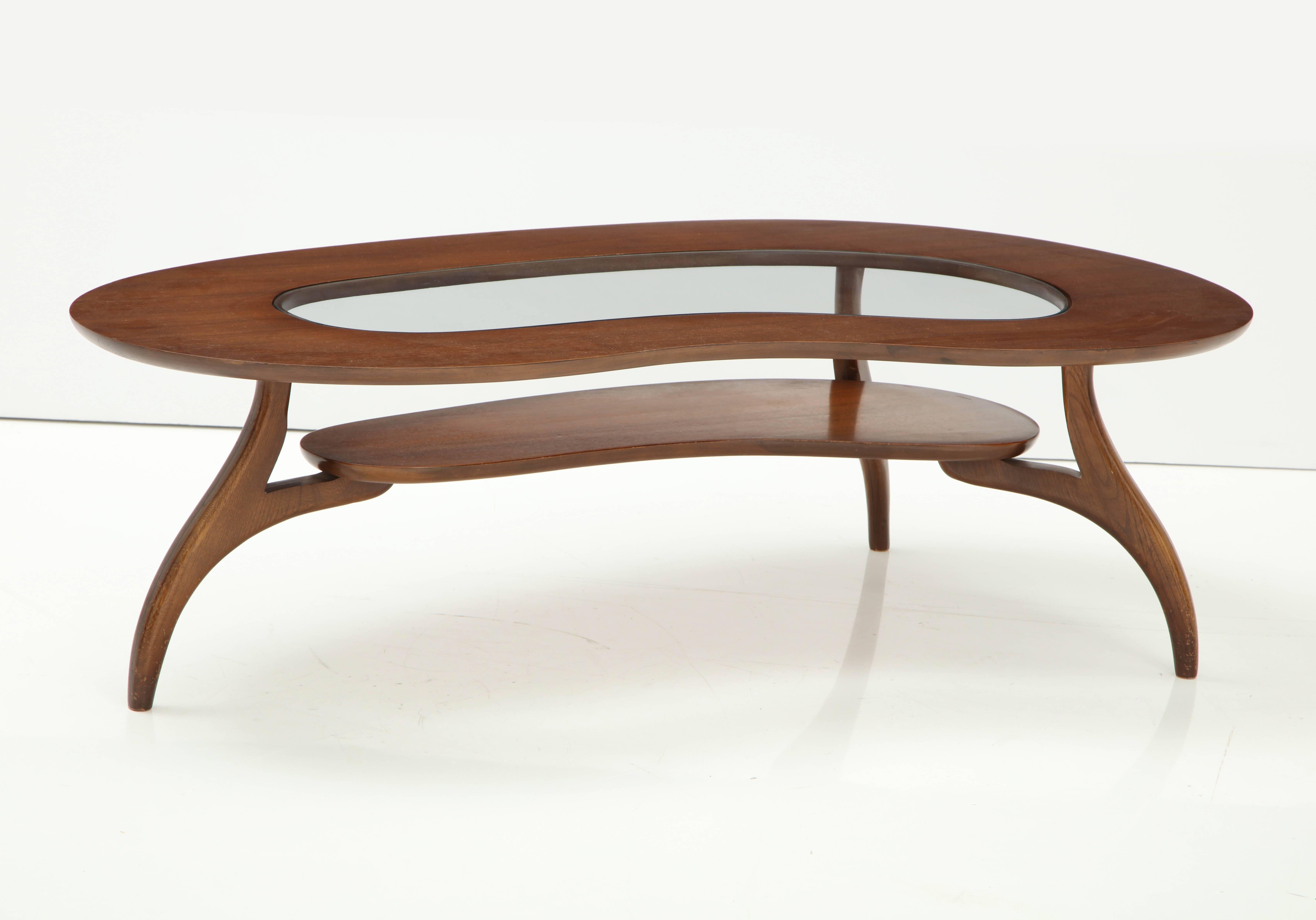 Kidney Shaped Two Tiered Walnut  & Glass Coffee Table