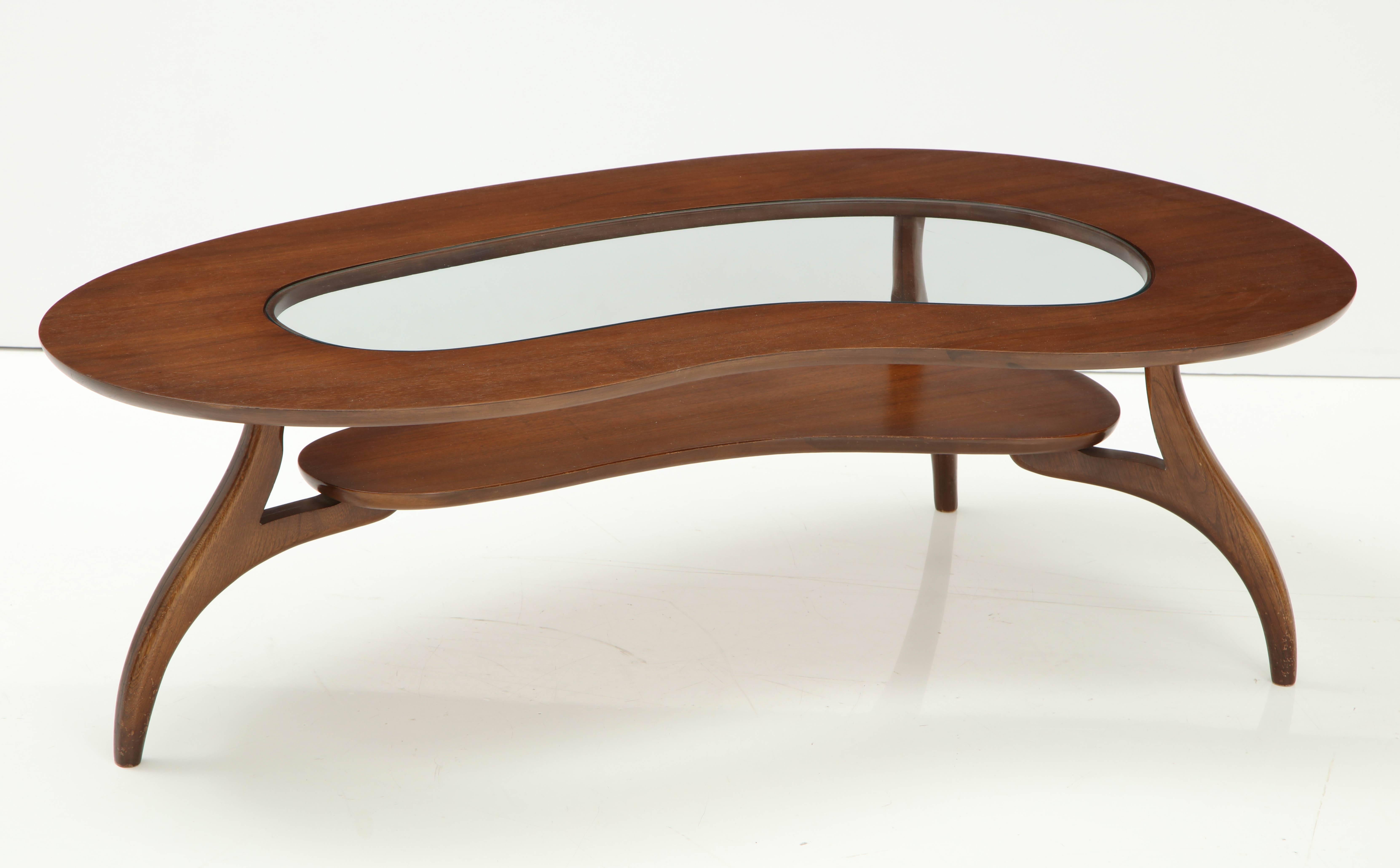 American Kidney Shaped Two-Tiered Walnut  and Glass Coffee Table