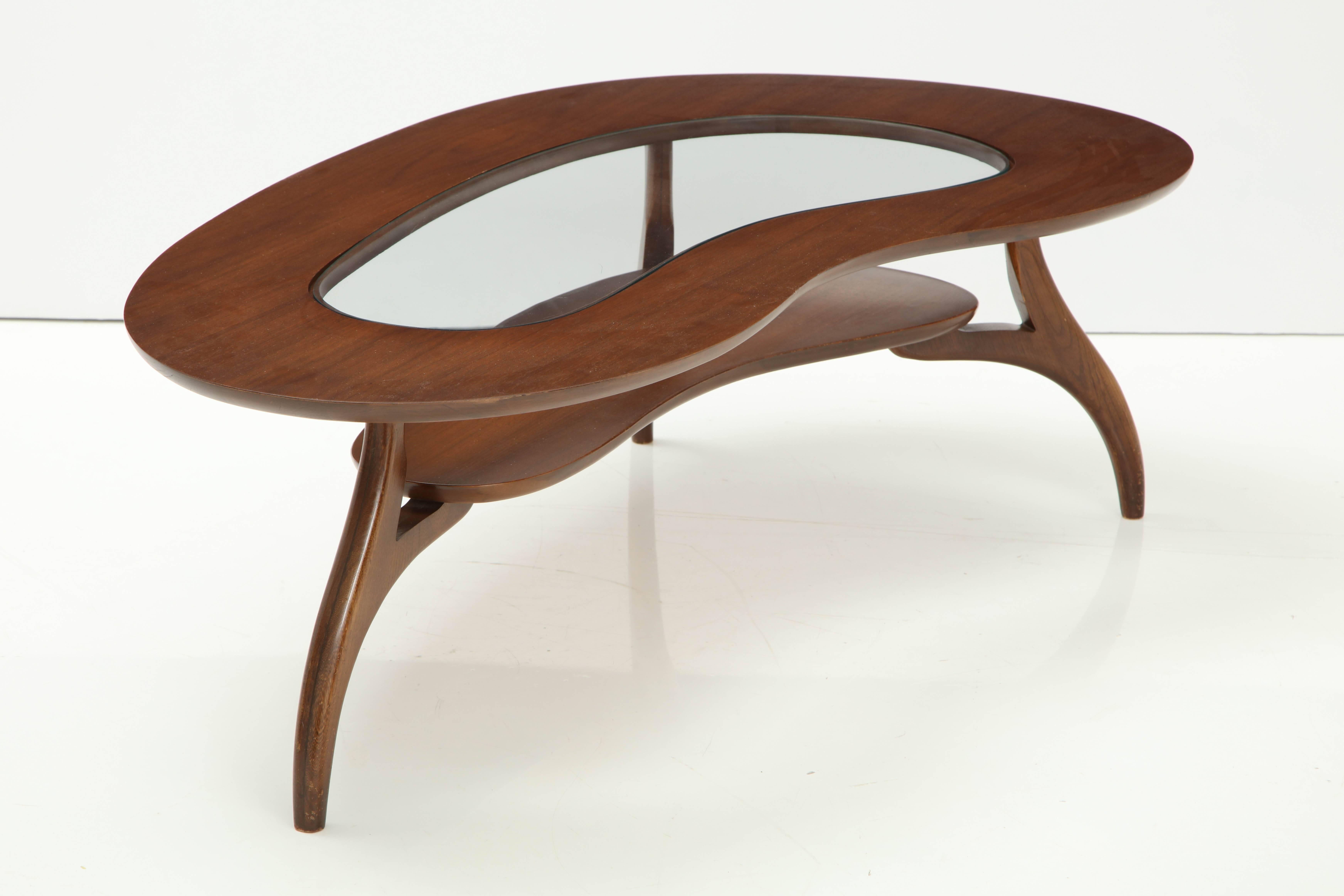 20th Century Kidney Shaped Two-Tiered Walnut  and Glass Coffee Table