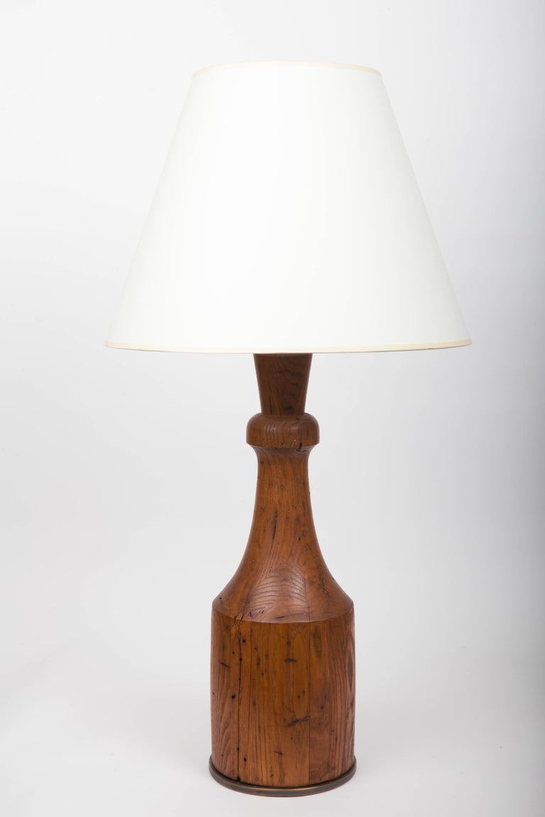 Rustic HandCarved Wooden Table Lamp with Bronze Base For Sale at