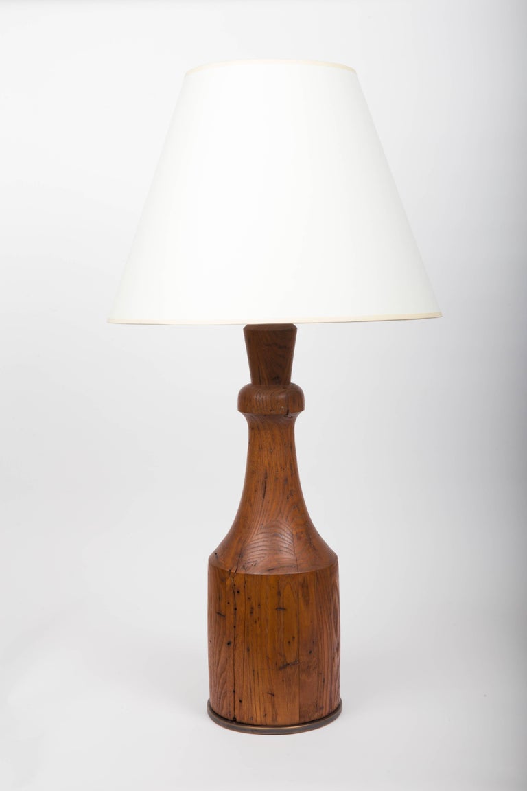Rustic HandCarved Wooden Table Lamp with Bronze Base For Sale at