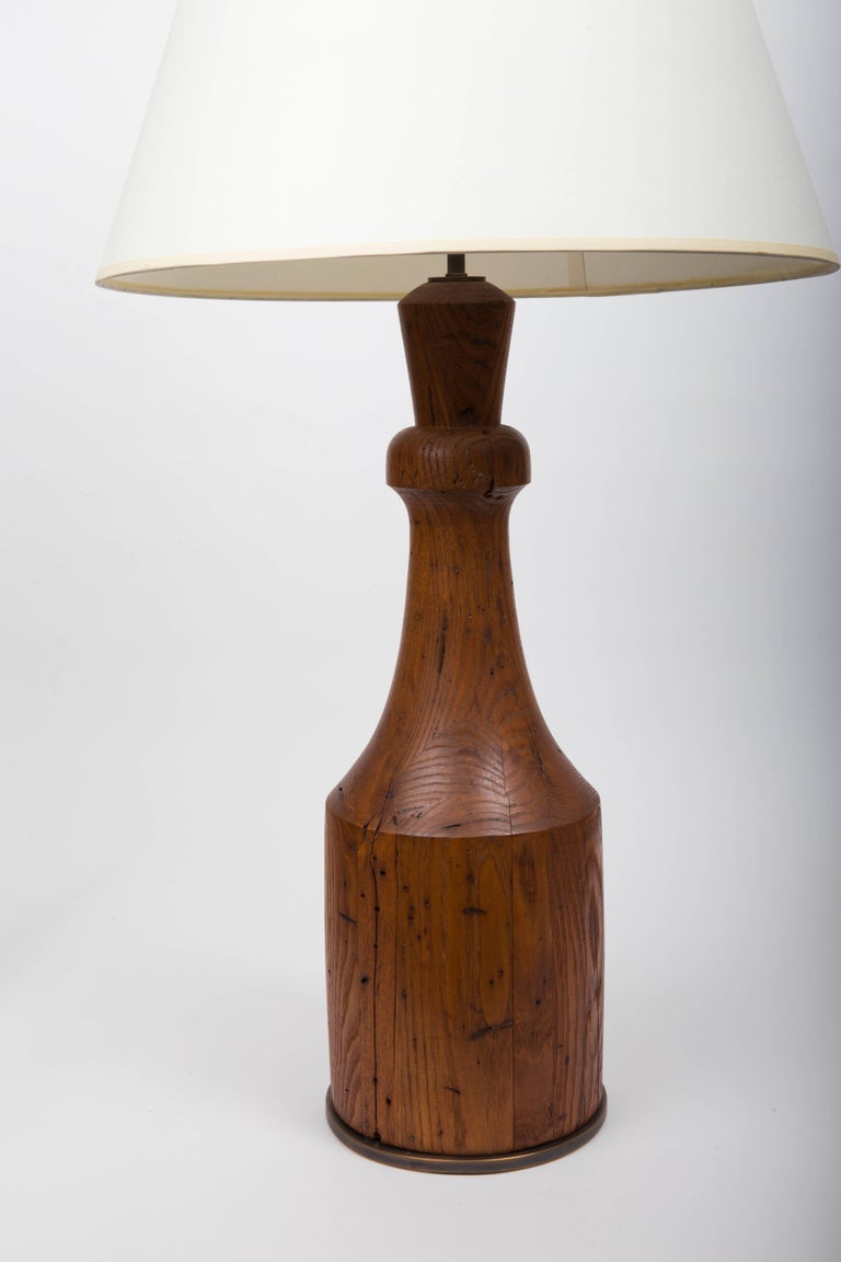 Rustic HandCarved Wooden Table Lamp with Bronze Base For Sale at