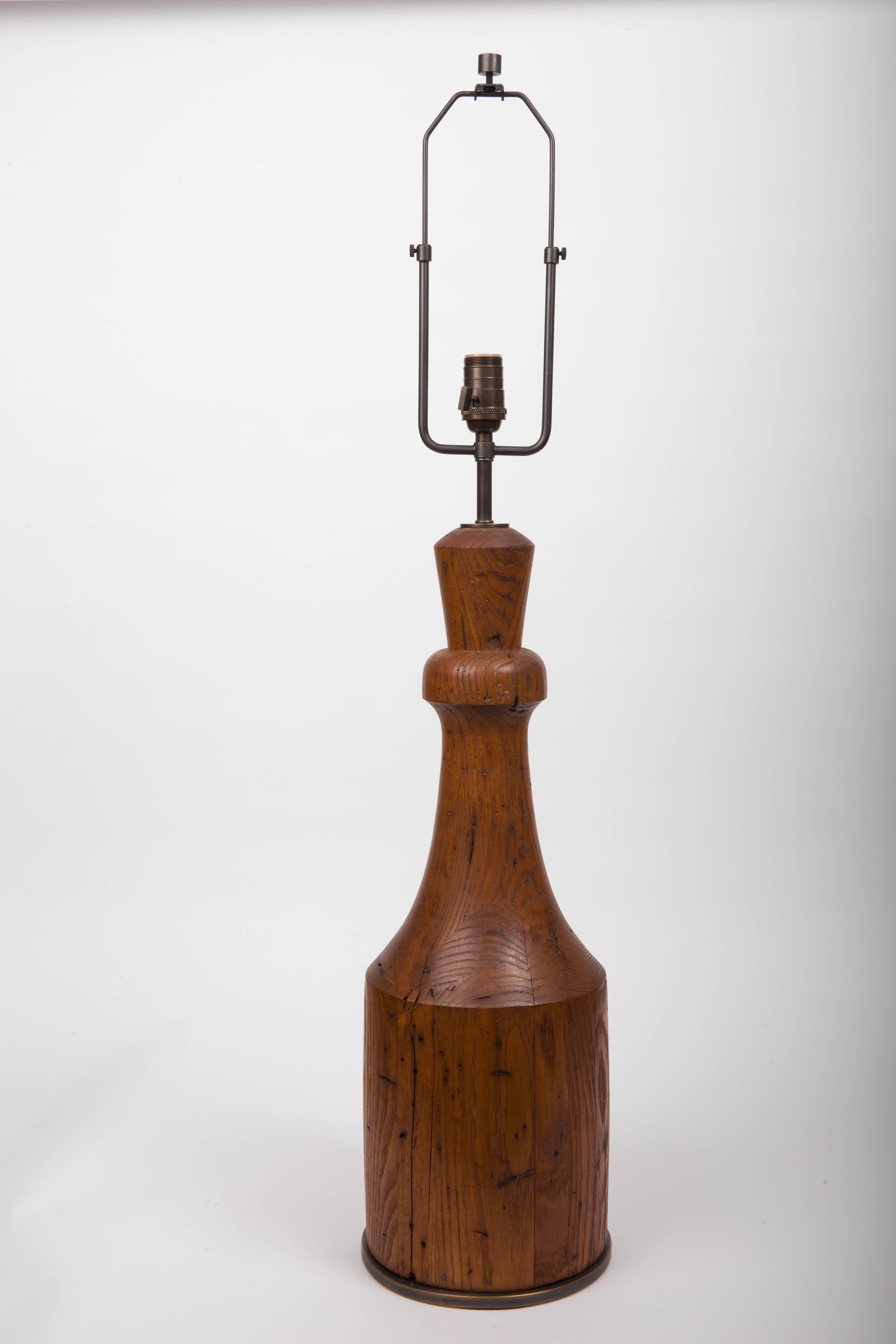 Rustic HandCarved Wooden Table Lamp with Bronze Base For Sale at