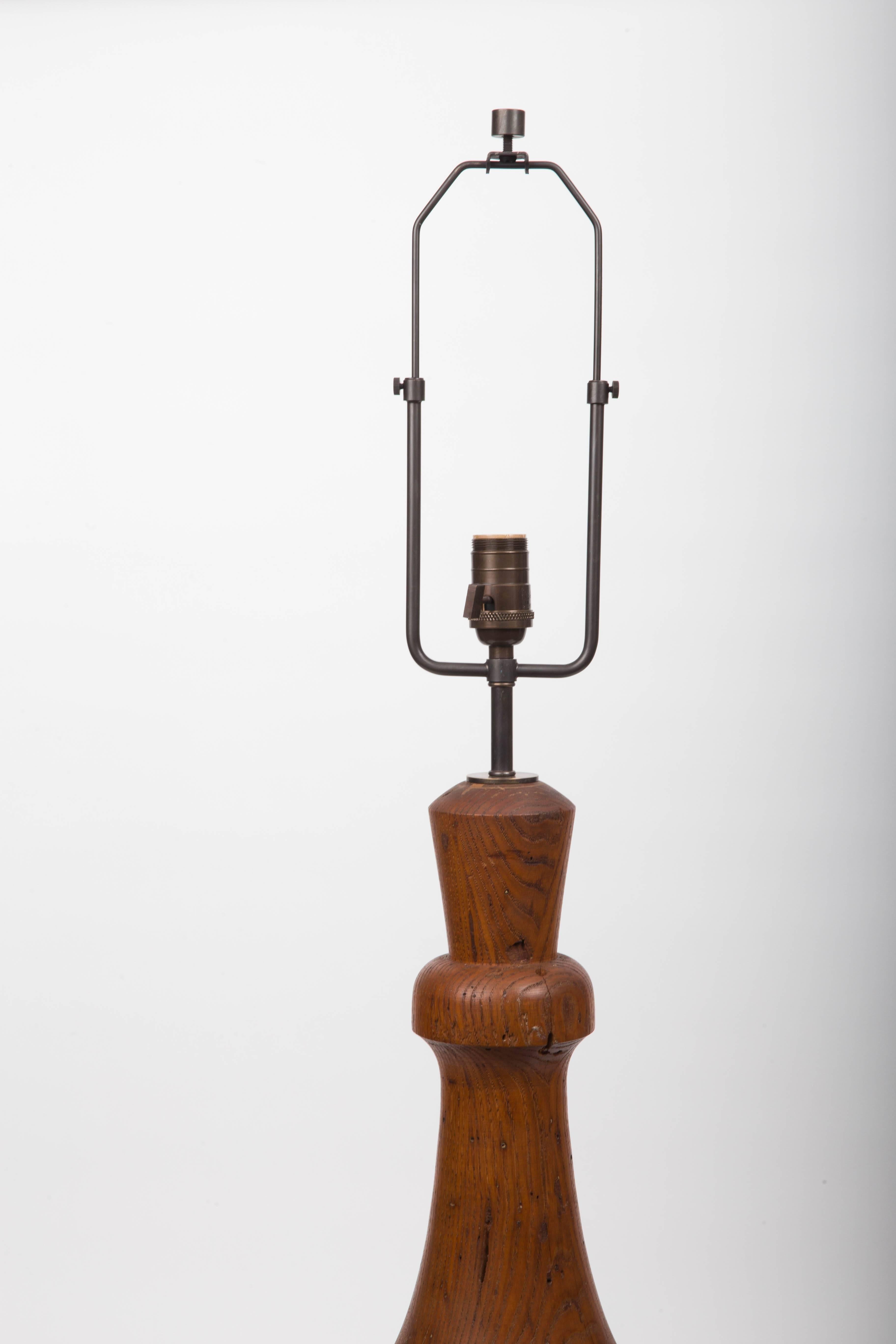 Rustic HandCarved Wooden Table Lamp with Bronze Base For Sale at