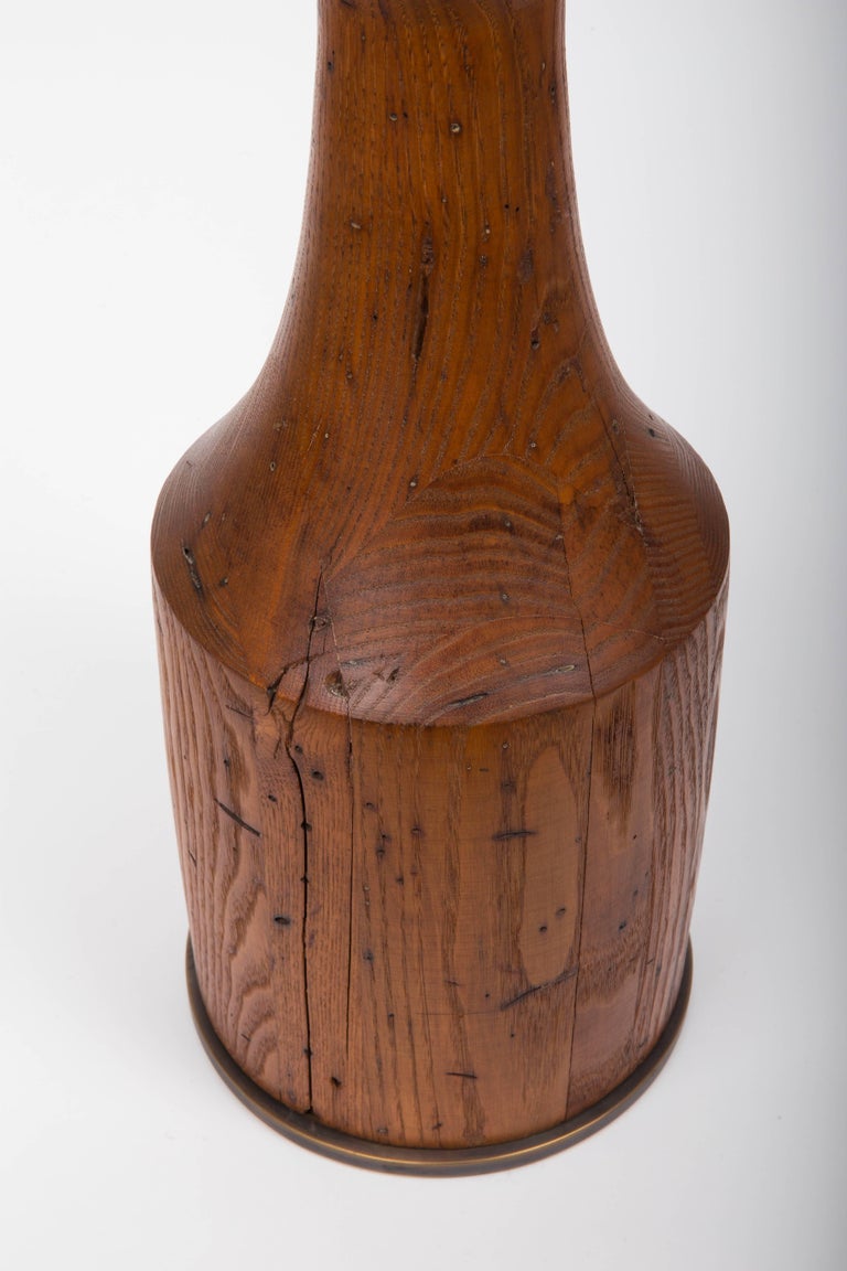 Rustic HandCarved Wooden Table Lamp with Bronze Base For Sale at