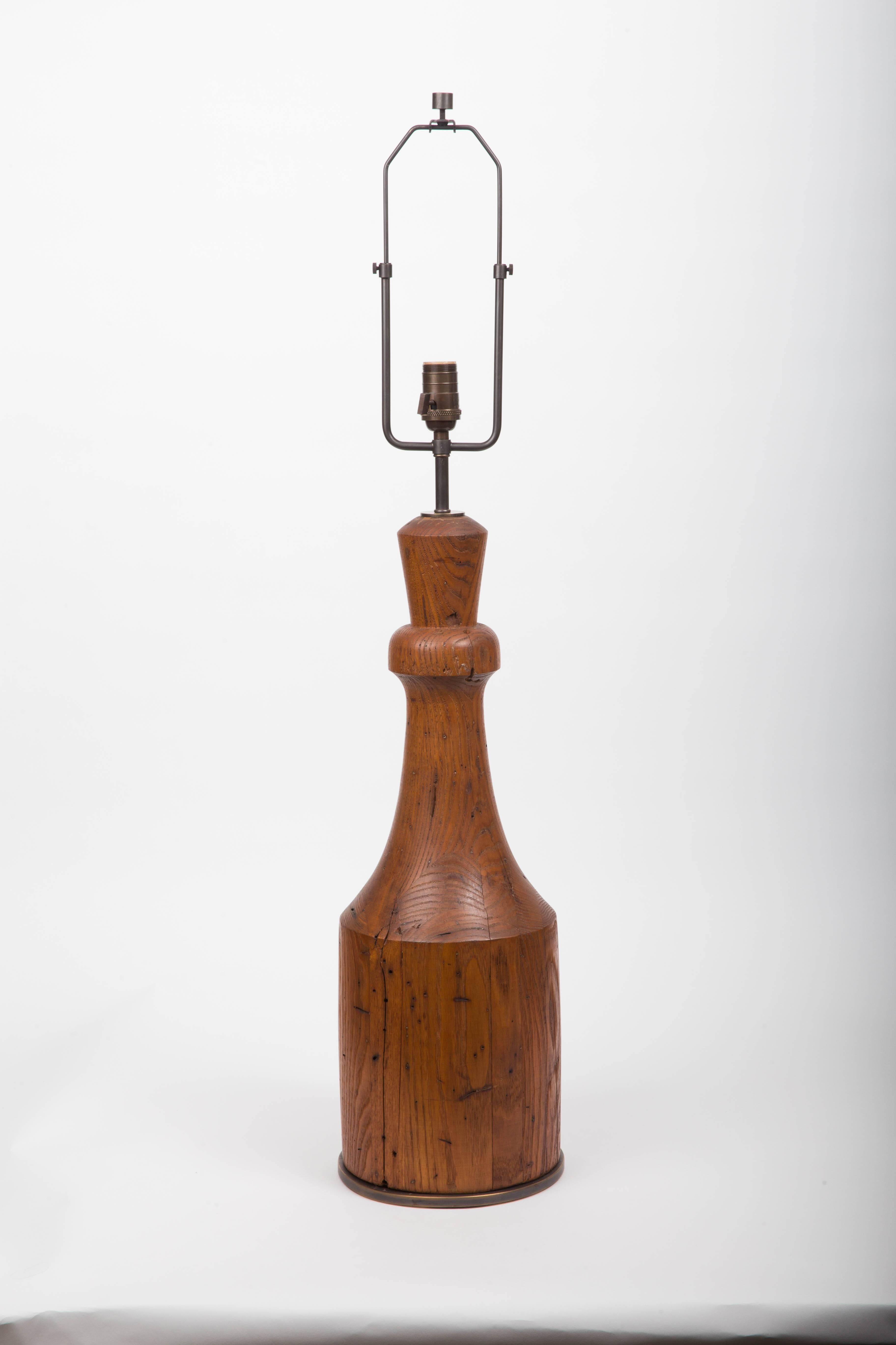 Rustic HandCarved Wooden Table Lamp with Bronze Base For Sale at