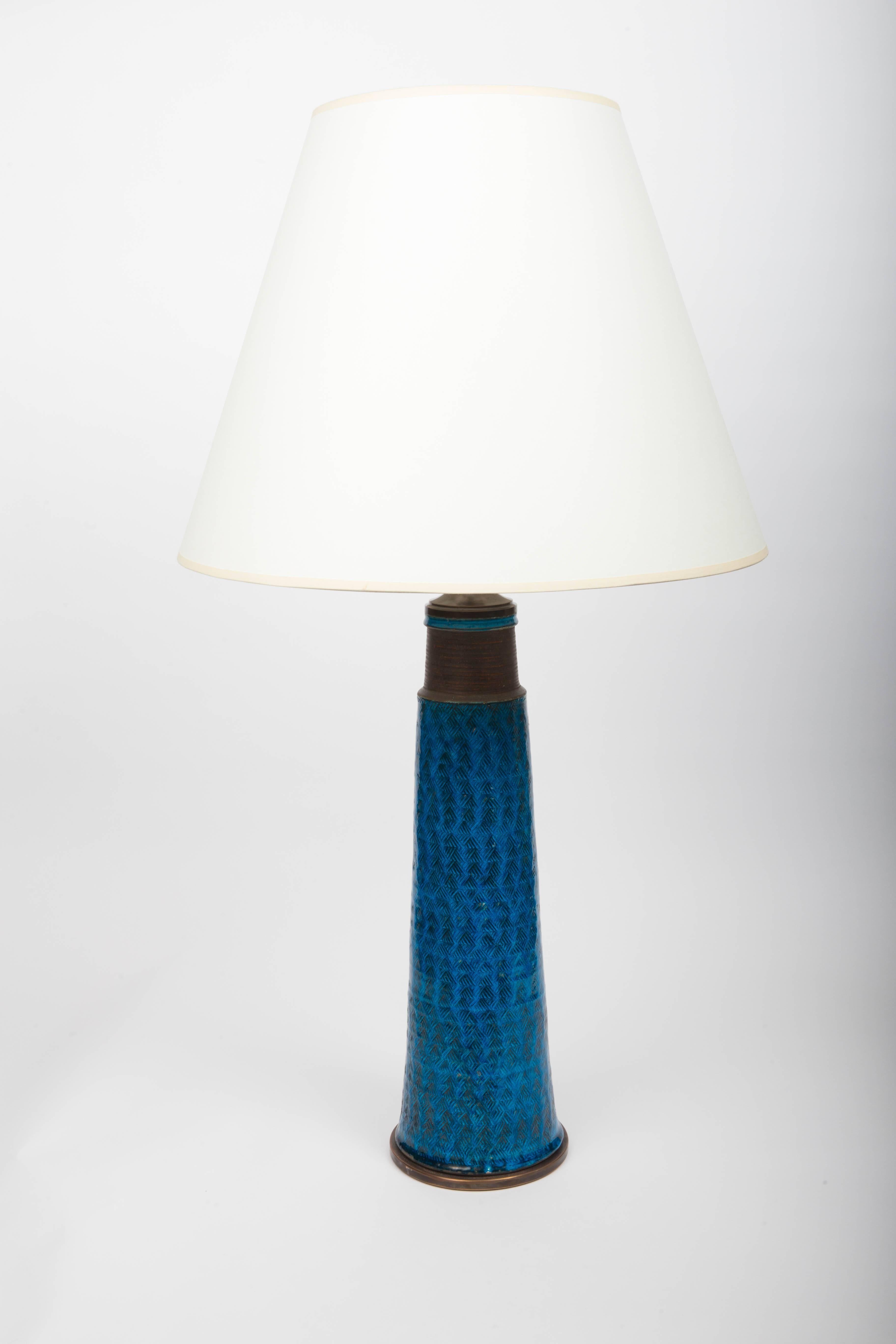 Bronze Bright Cobalt Blue Ceramic Table Lamp, Denmark, 1960s