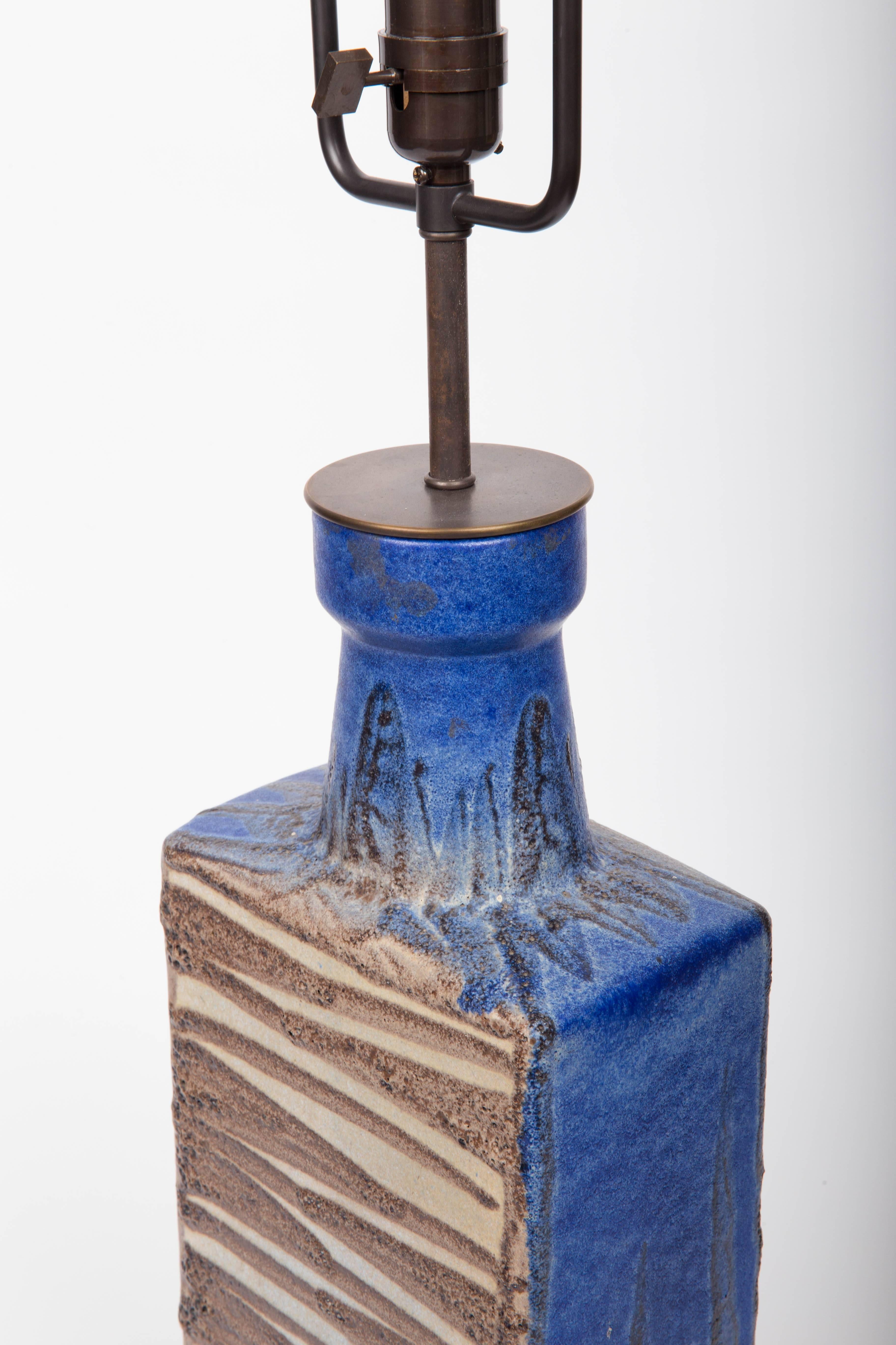 Bronze Modernist Blue and Brown Ceramic Vase, Converted into Lamp